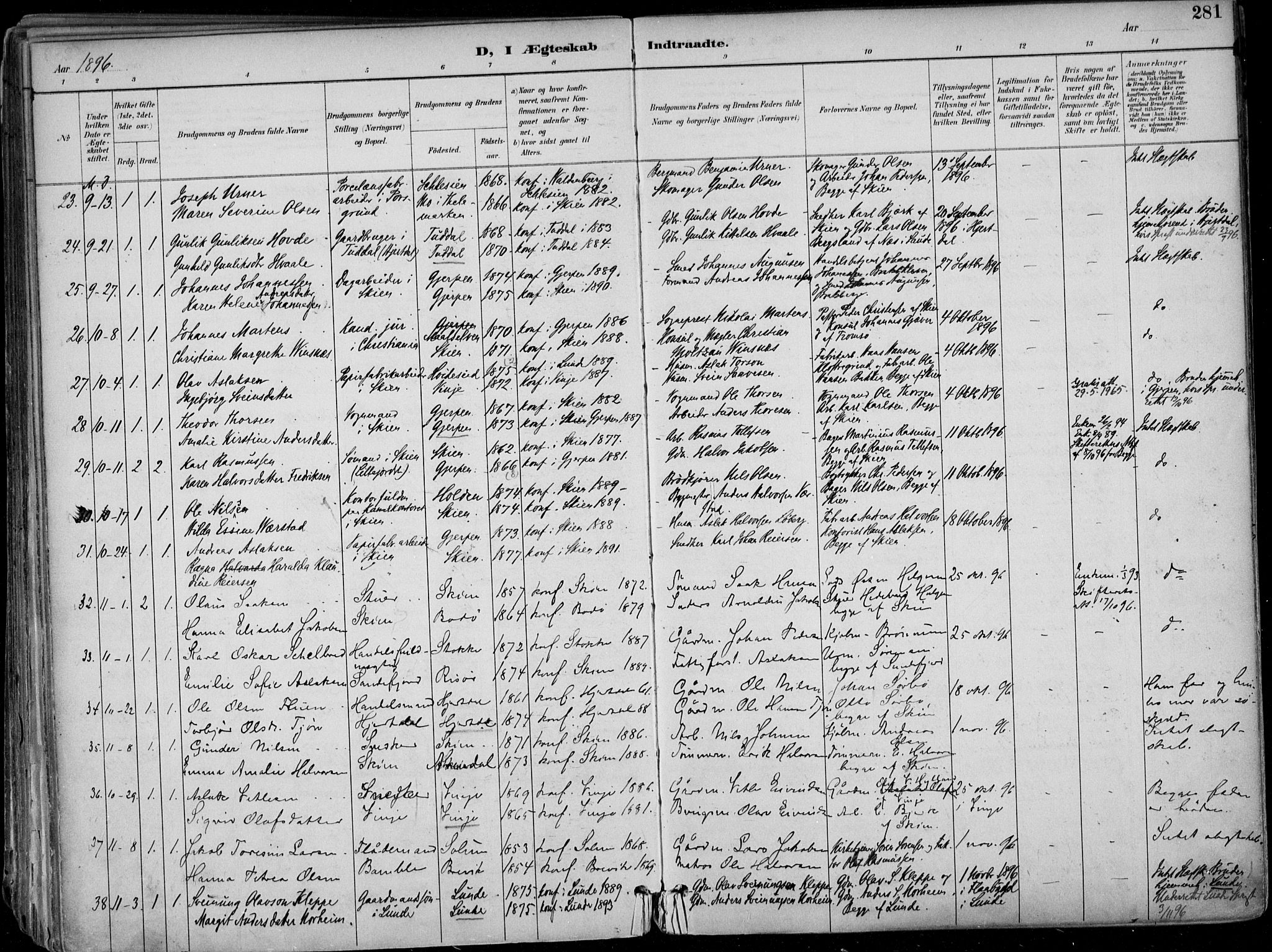 Skien kirkebøker, SAKO/A-302/F/Fa/L0010: Parish register (official) no. 10, 1891-1899, p. 281