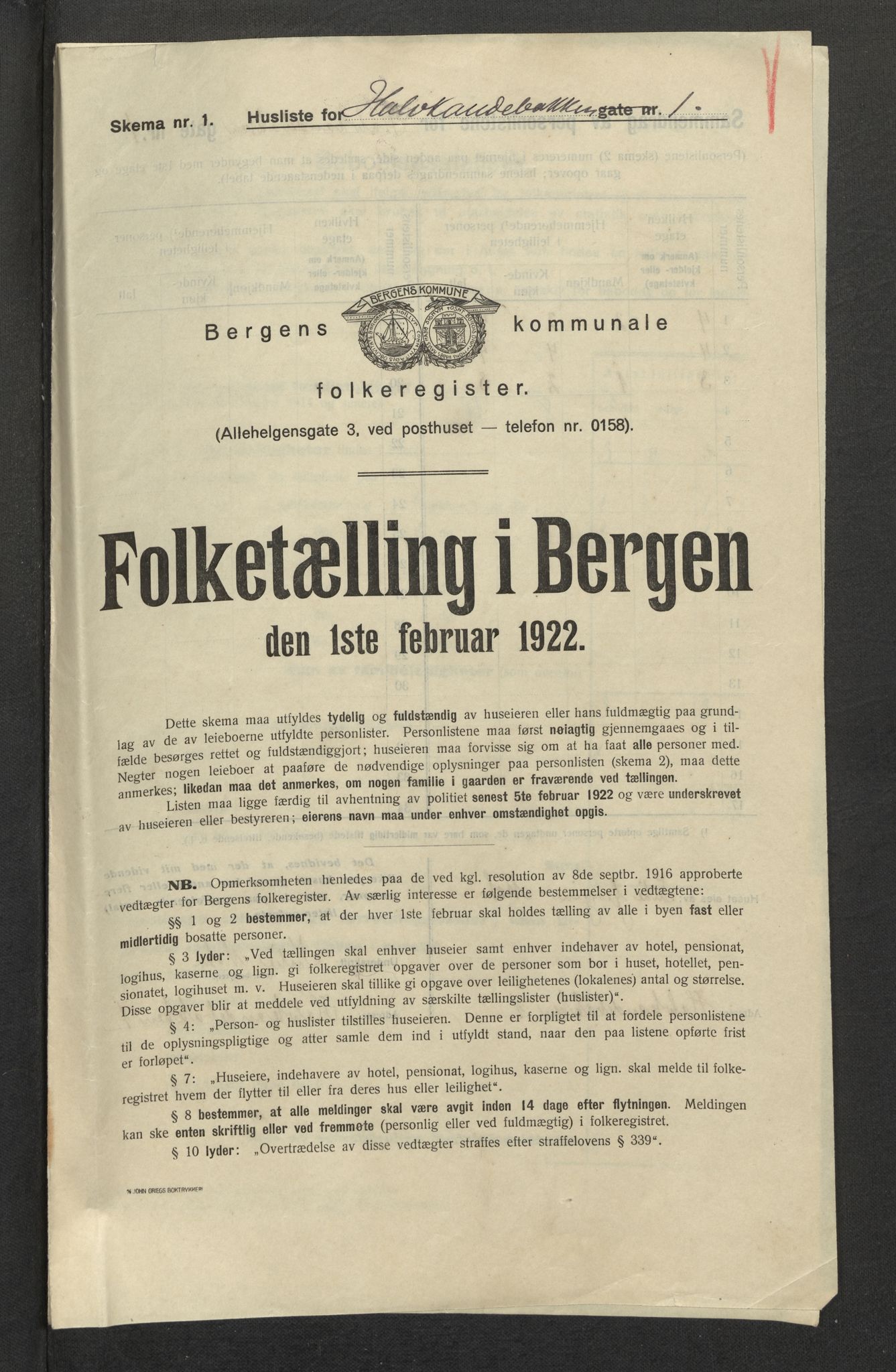 SAB, Municipal Census 1922 for Bergen, 1922, p. 11940