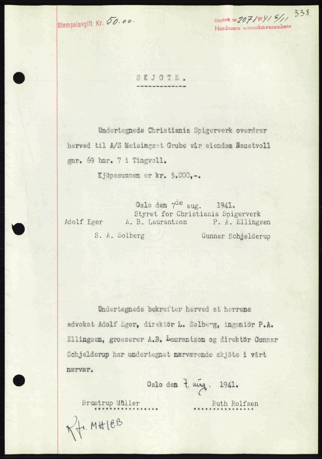 Nordmøre sorenskriveri, AV/SAT-A-4132/1/2/2Ca: Mortgage book no. A91, 1941-1942, Diary no: : 2071/1941