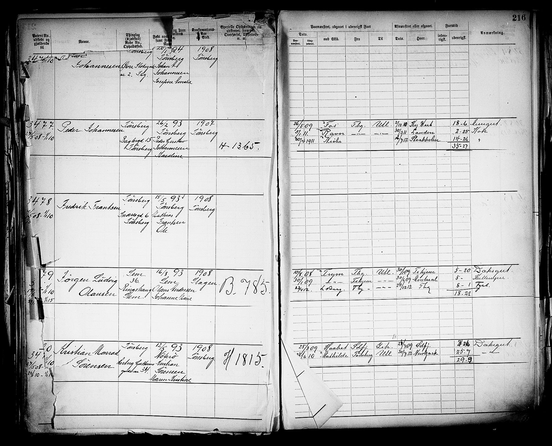 Tønsberg innrulleringskontor, SAKO/A-786/F/Fb/L0005: Annotasjonsrulle Patent nr. 2401-4080, 1904-1910, p. 219