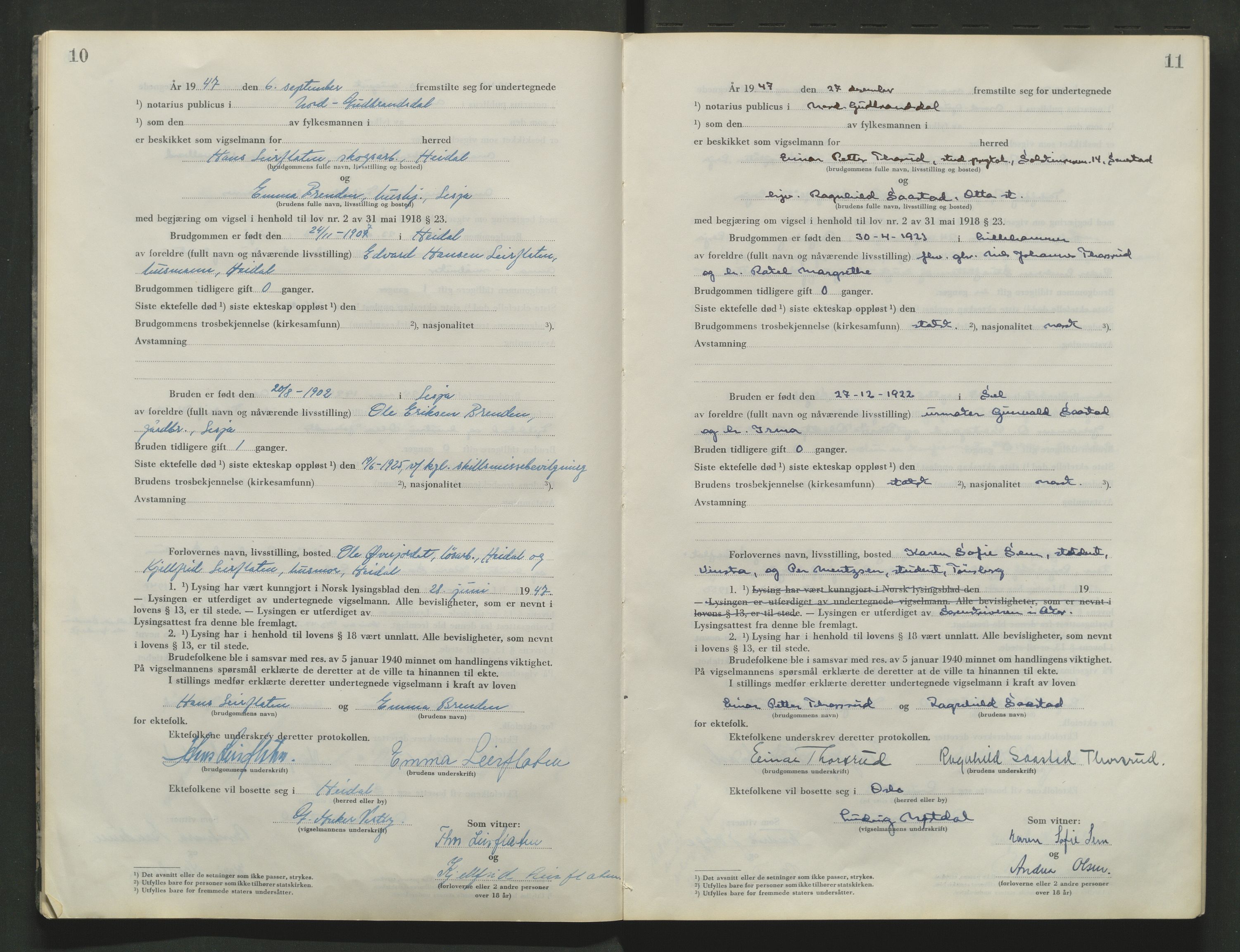 Nord-Gudbrandsdal tingrett, SAH/TING-002/L/Lc/L0001/0004: Vigselsprotokoller / Vigselsprotokoll, 1945-1970, p. 10-11