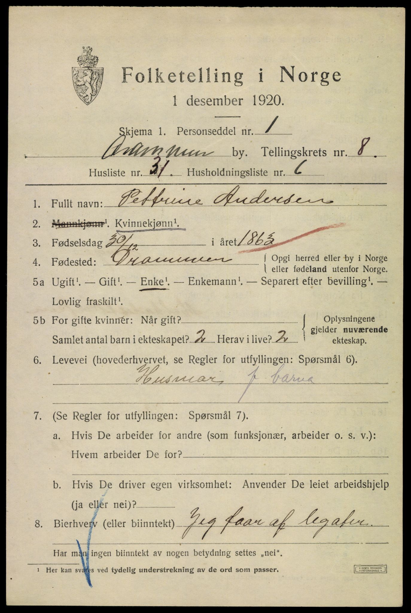 SAKO, 1920 census for Drammen, 1920, p. 54125