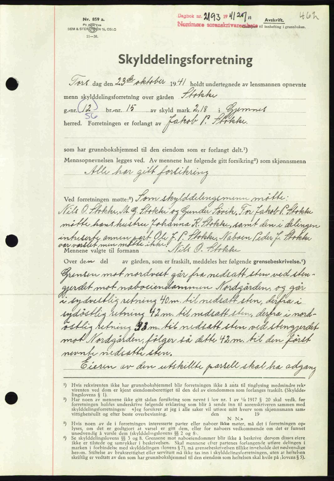 Nordmøre sorenskriveri, AV/SAT-A-4132/1/2/2Ca: Mortgage book no. A91, 1941-1942, Diary no: : 2193/1941