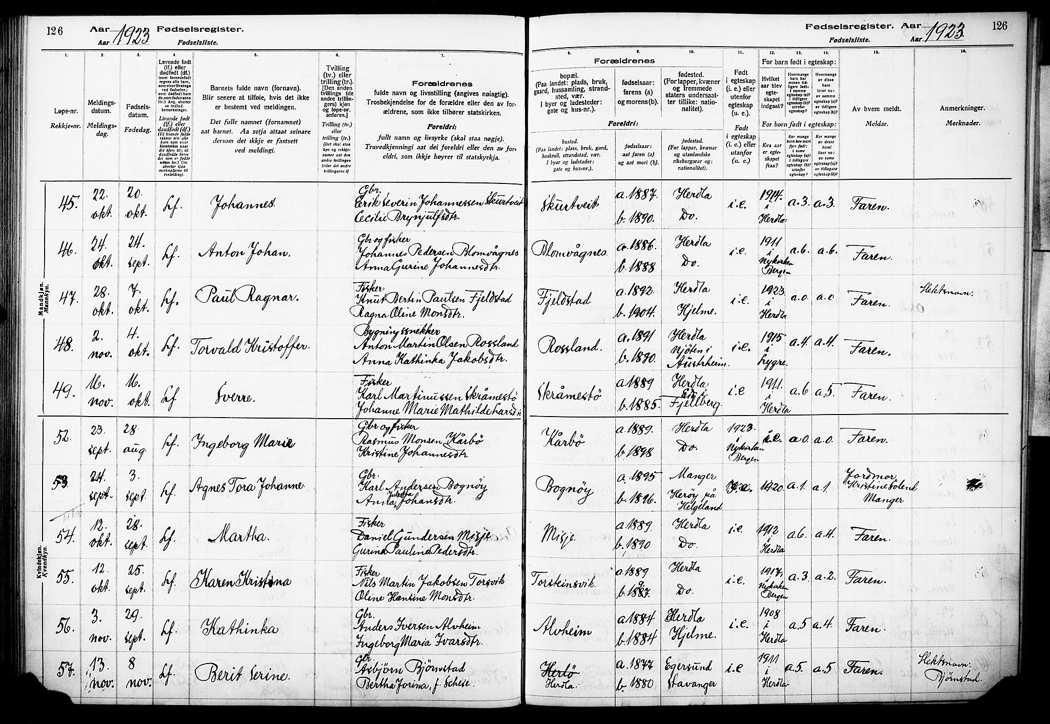 Herdla Sokneprestembete, AV/SAB-A-75701/I/Id/L00A1: Birth register no. A 1, 1916-1929, p. 126