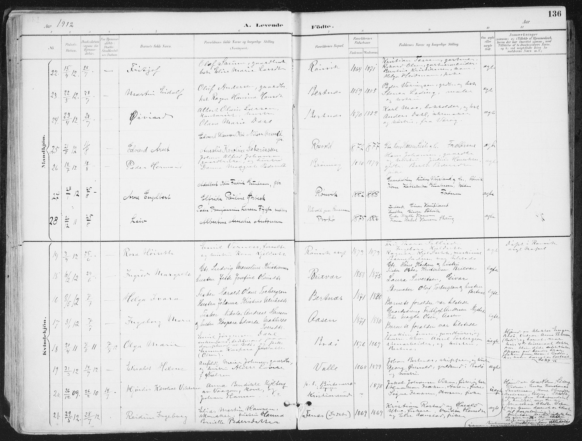 Ministerialprotokoller, klokkerbøker og fødselsregistre - Nordland, AV/SAT-A-1459/802/L0055: Parish register (official) no. 802A02, 1894-1915, p. 136