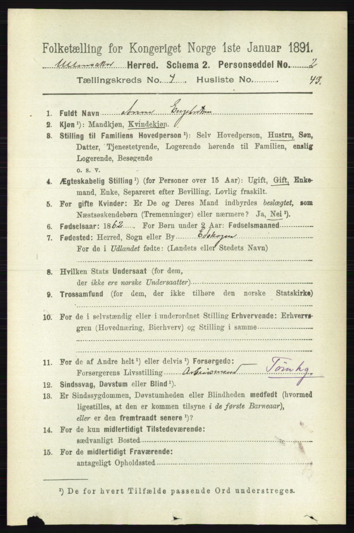 RA, 1891 census for 0235 Ullensaker, 1891, p. 1733