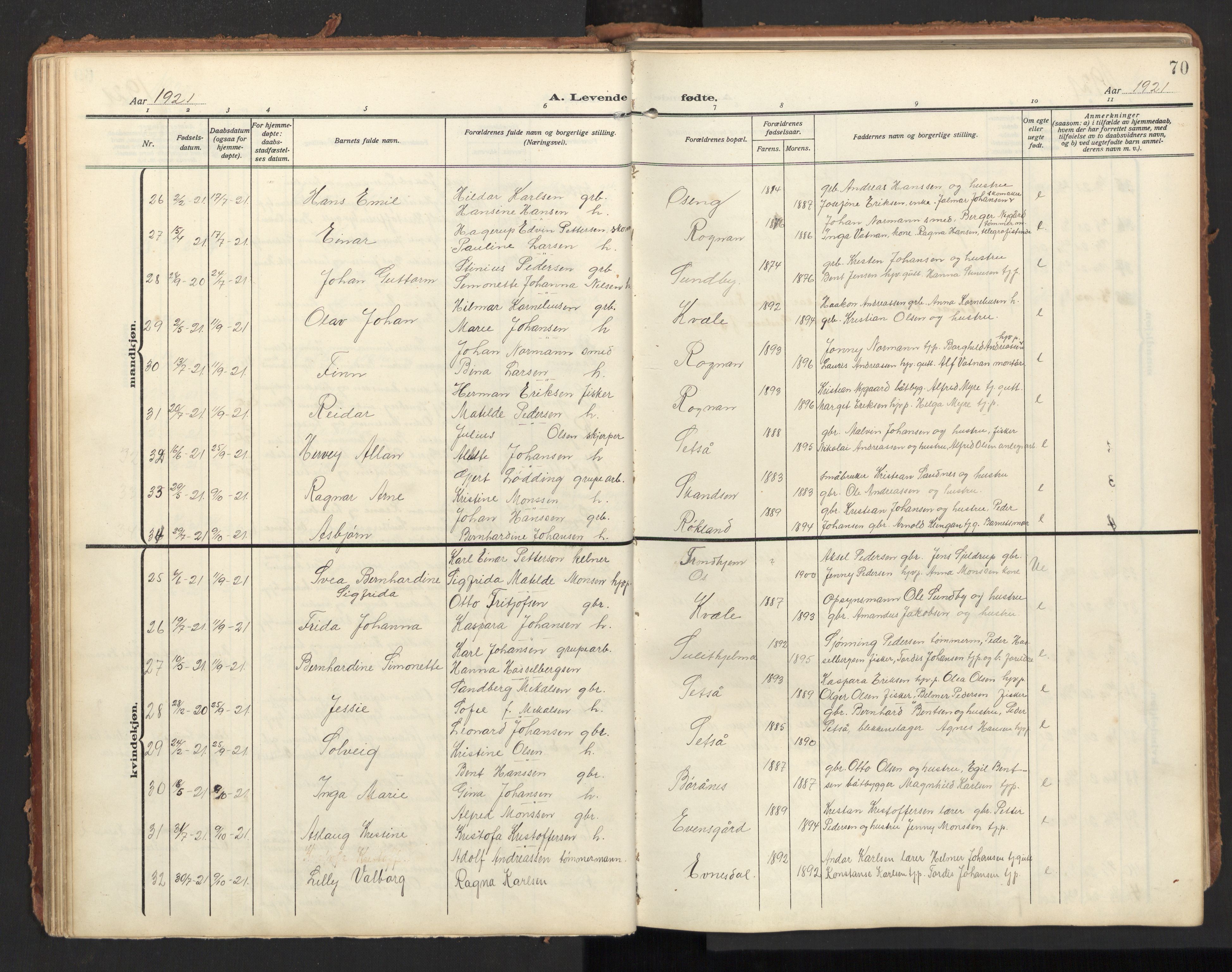 Ministerialprotokoller, klokkerbøker og fødselsregistre - Nordland, SAT/A-1459/847/L0683: Parish register (copy) no. 847C11, 1908-1929, p. 70