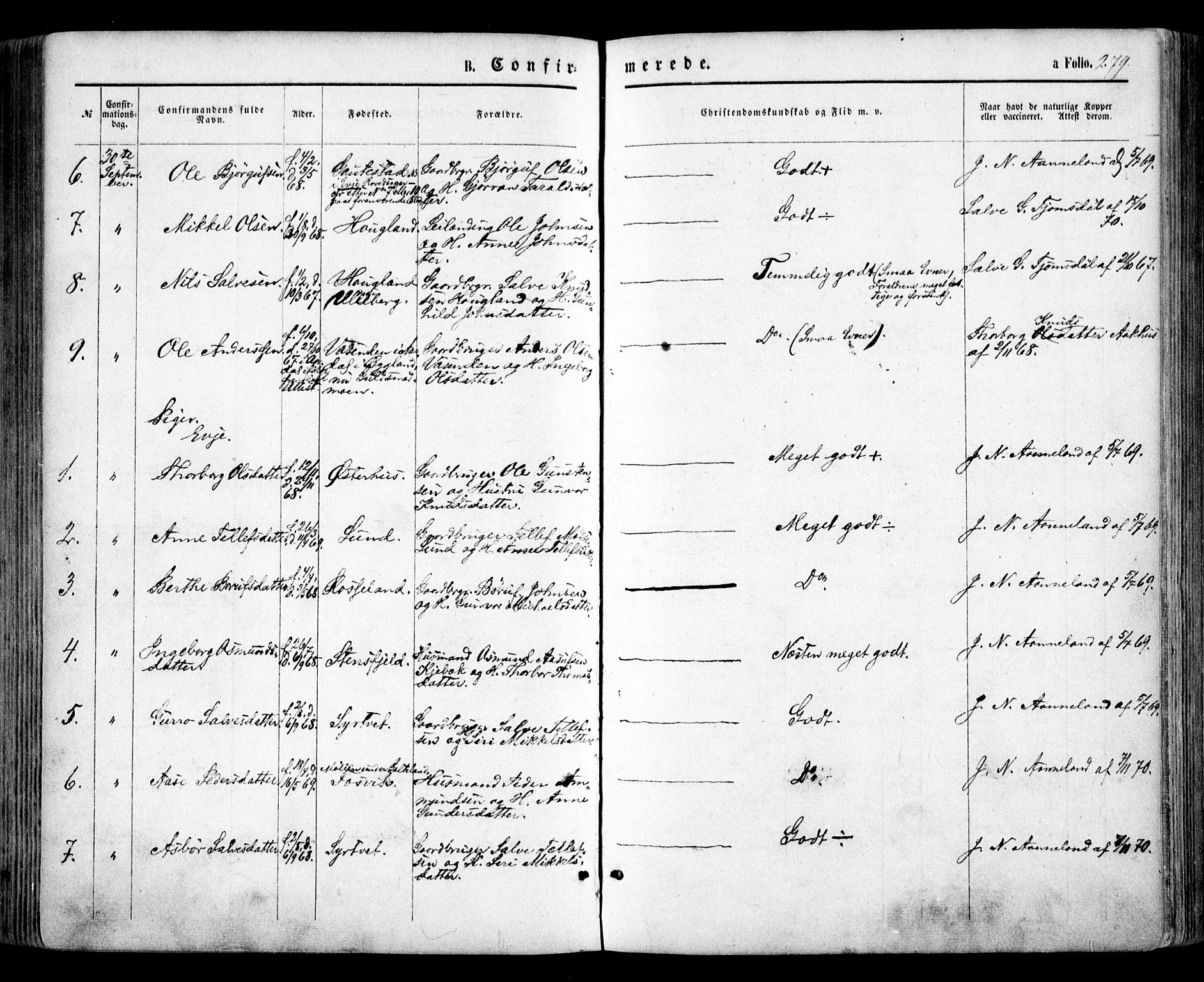 Evje sokneprestkontor, AV/SAK-1111-0008/F/Fa/Faa/L0006: Parish register (official) no. A 6, 1866-1884, p. 279