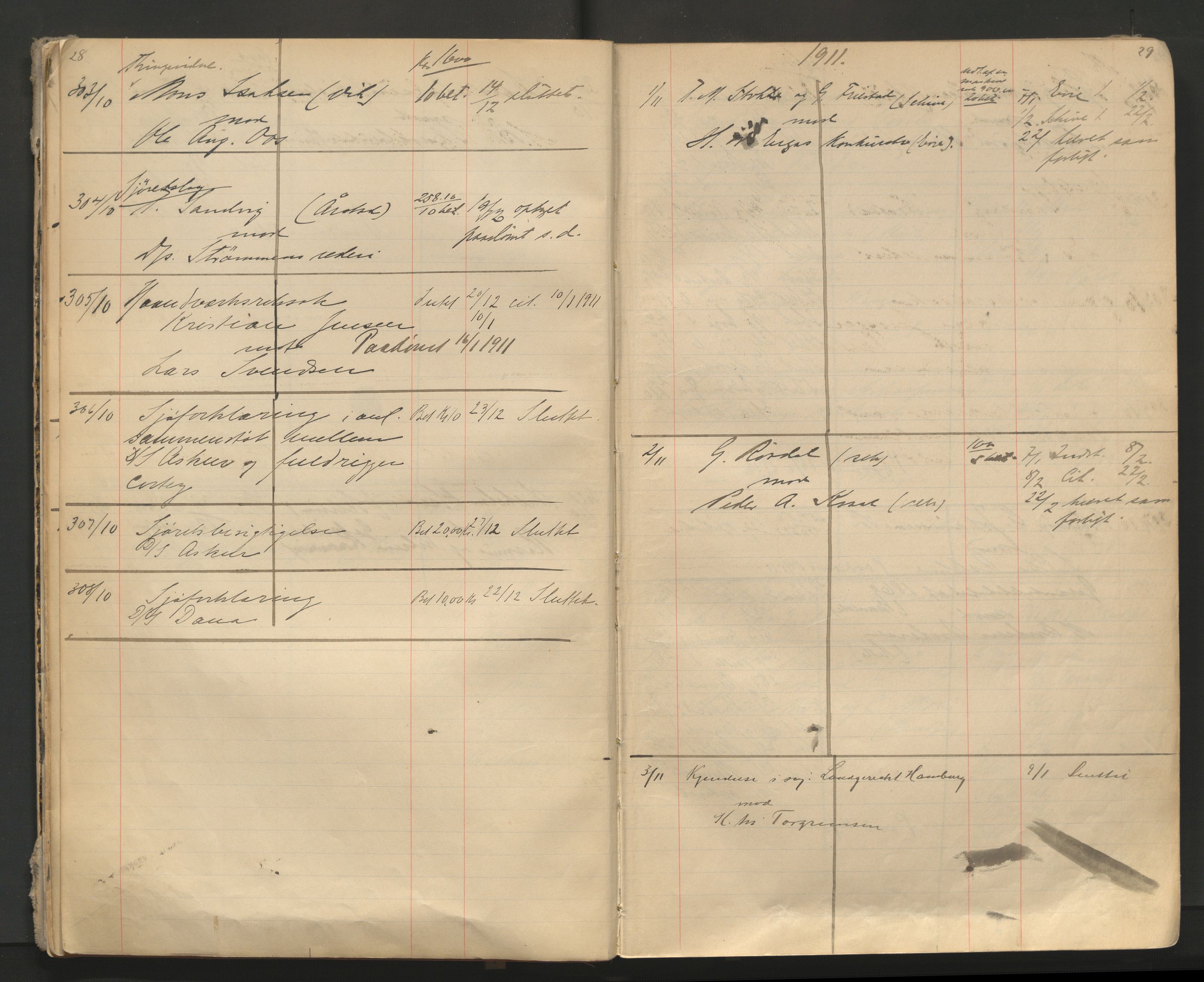 Stavanger byfogd, AV/SAST-A-101408/001/3/32/32A/L0005: Saksliste for Stavanger byting, 1910-1914, p. 28-29