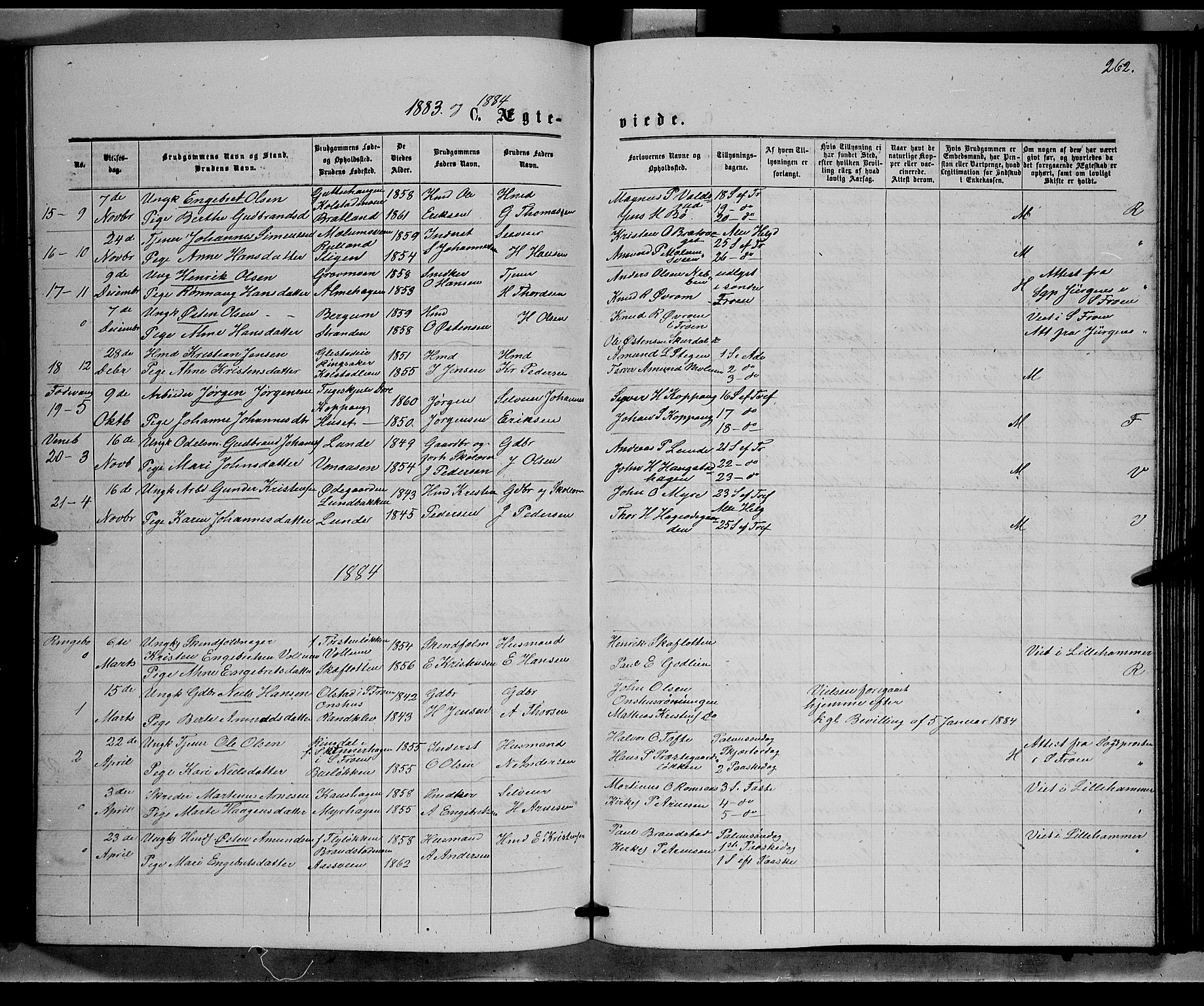 Ringebu prestekontor, SAH/PREST-082/H/Ha/Hab/L0006: Parish register (copy) no. 6, 1880-1898, p. 262