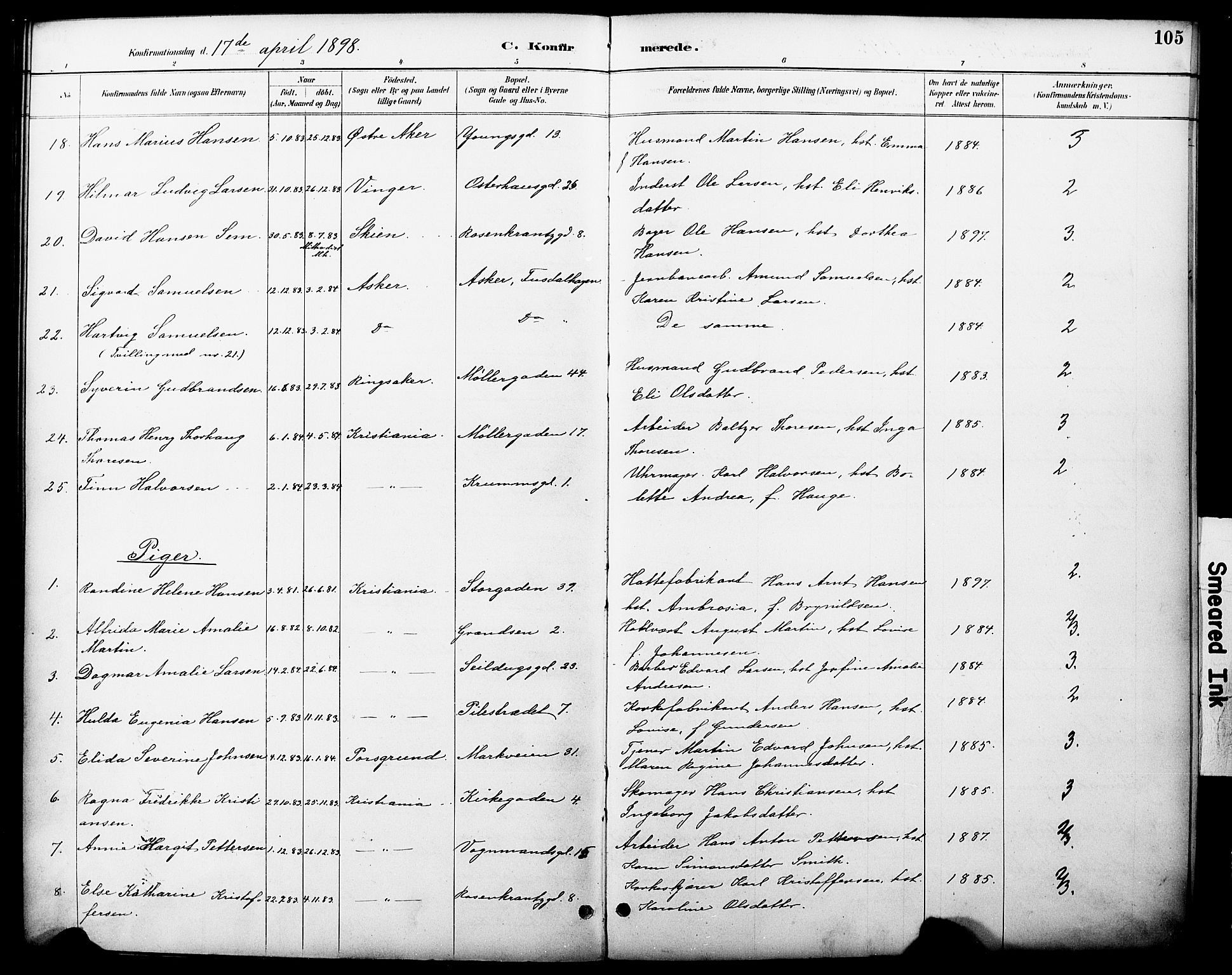 Oslo domkirke Kirkebøker, AV/SAO-A-10752/F/Fa/L0030: Parish register (official) no. 30, 1887-1918, p. 105