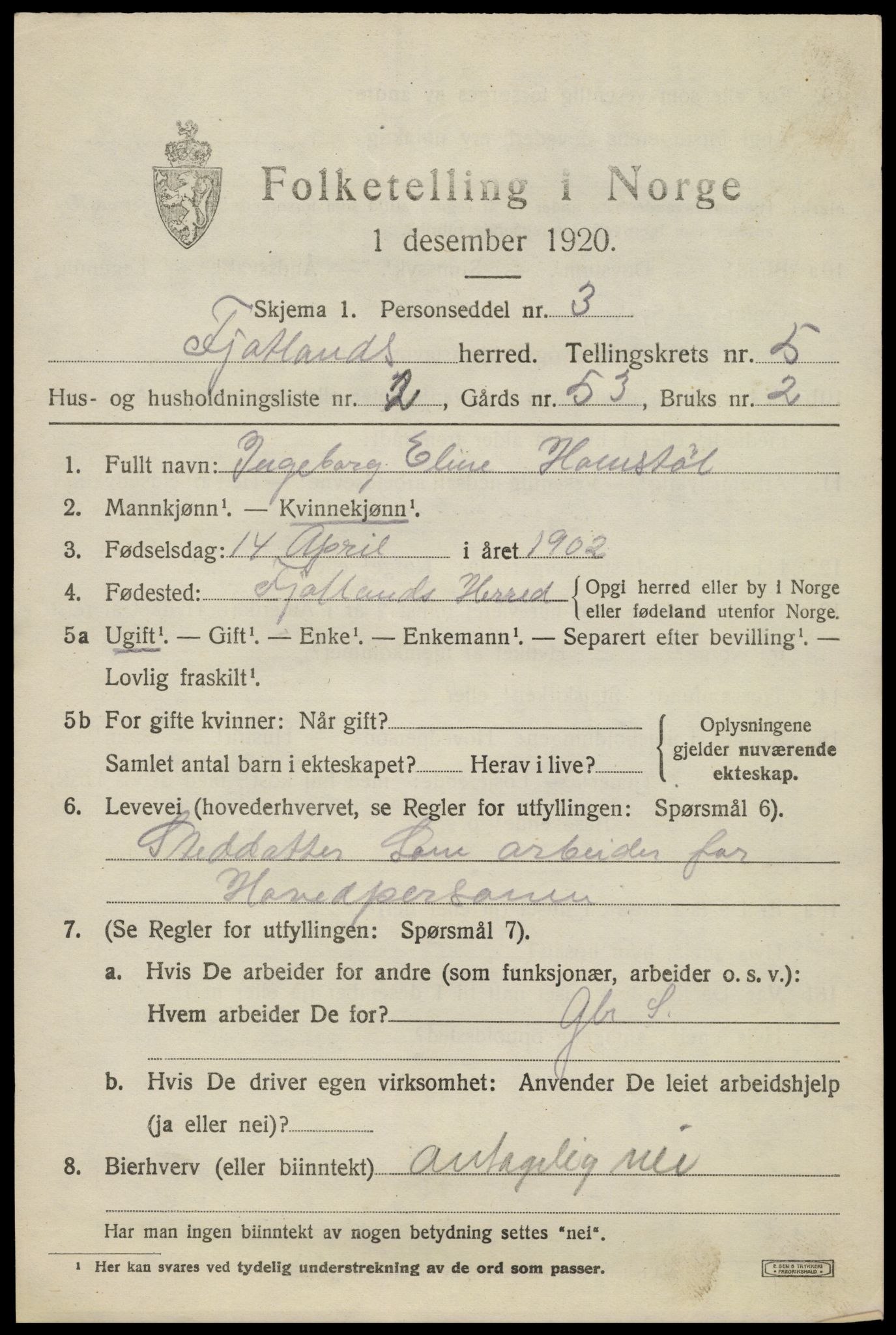 SAK, 1920 census for Fjotland, 1920, p. 1538