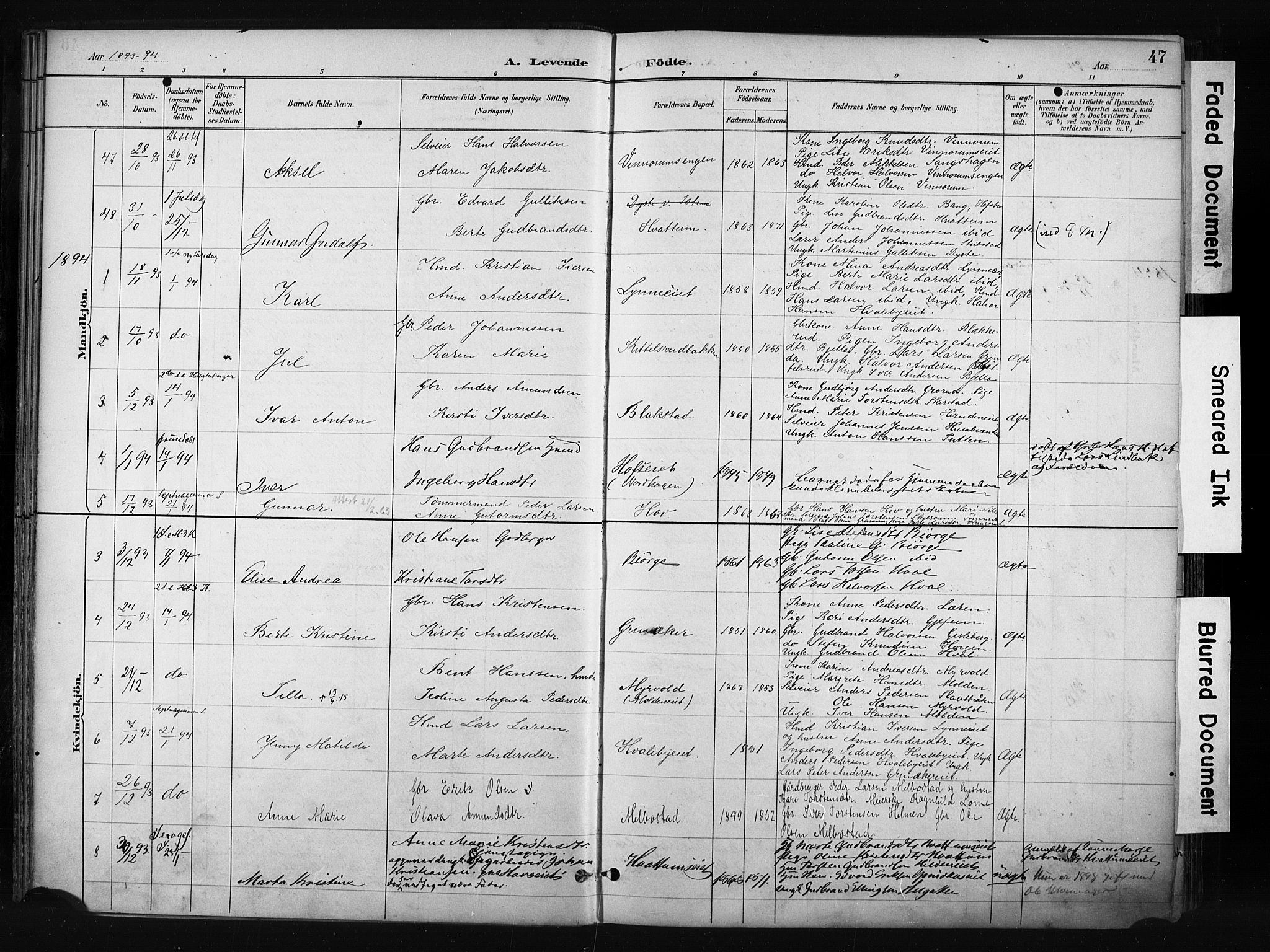 Gran prestekontor, SAH/PREST-112/H/Ha/Haa/L0017: Parish register (official) no. 17, 1889-1897, p. 47