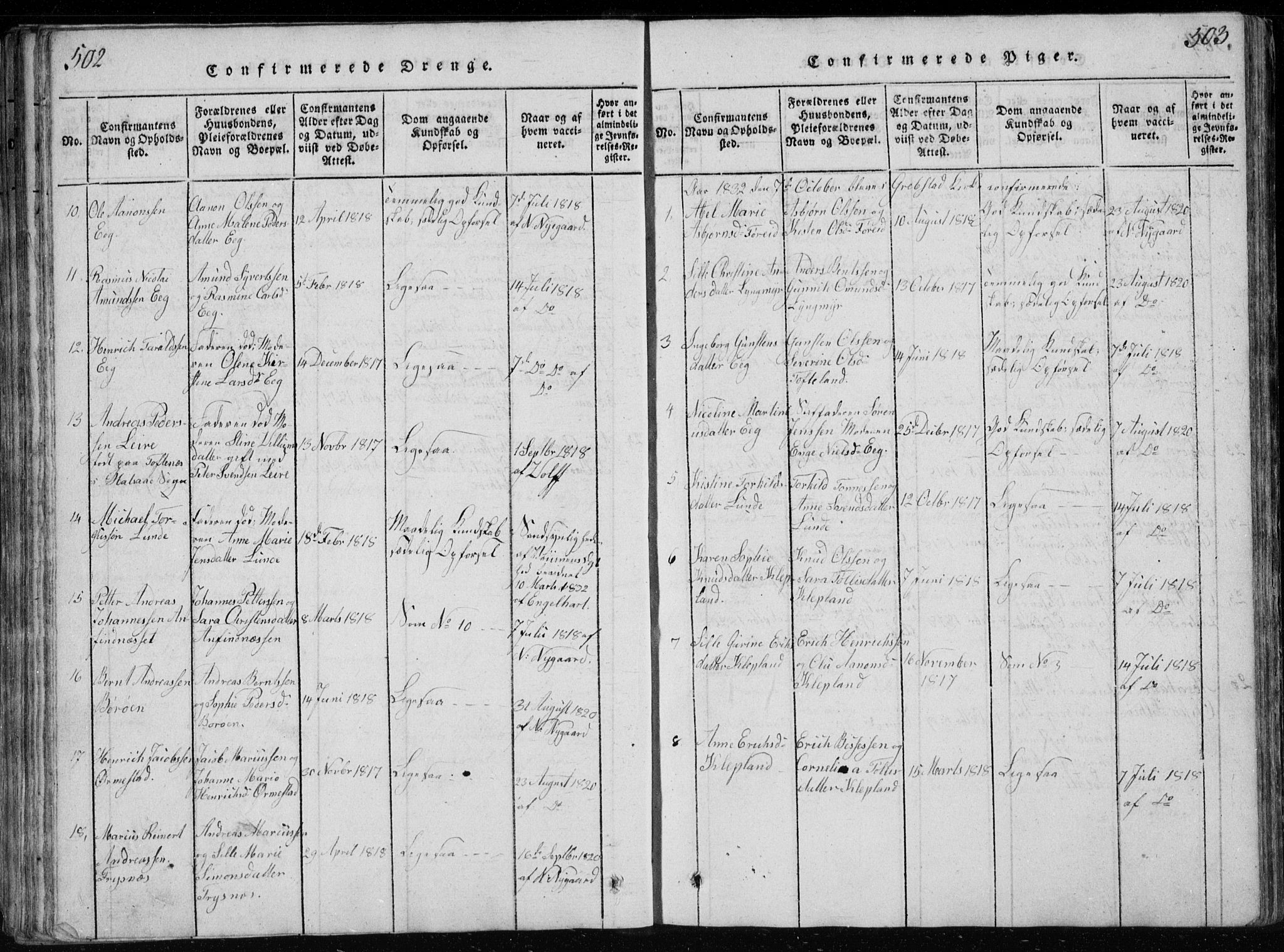 Søgne sokneprestkontor, SAK/1111-0037/F/Fb/Fbb/L0002: Parish register (copy) no. B 2, 1821-1838, p. 502-503
