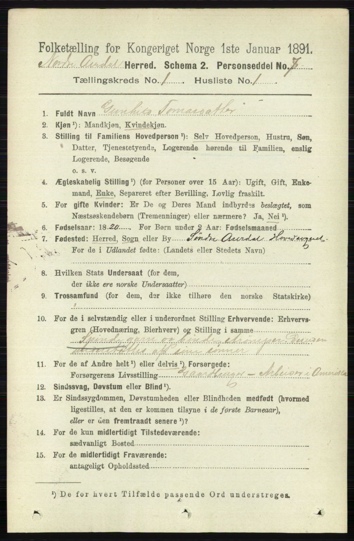 RA, 1891 census for 0542 Nord-Aurdal, 1891, p. 126