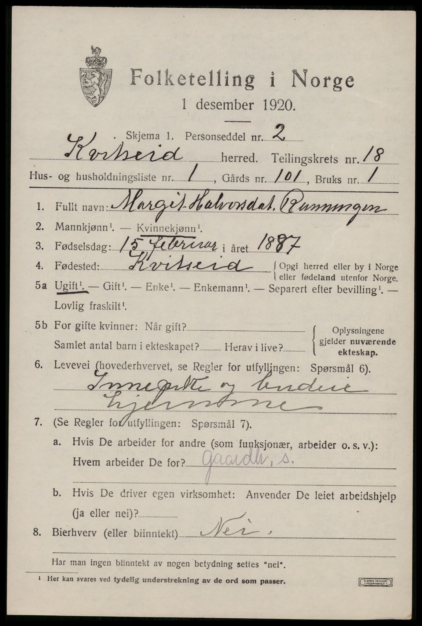 SAKO, 1920 census for Kviteseid, 1920, p. 8069