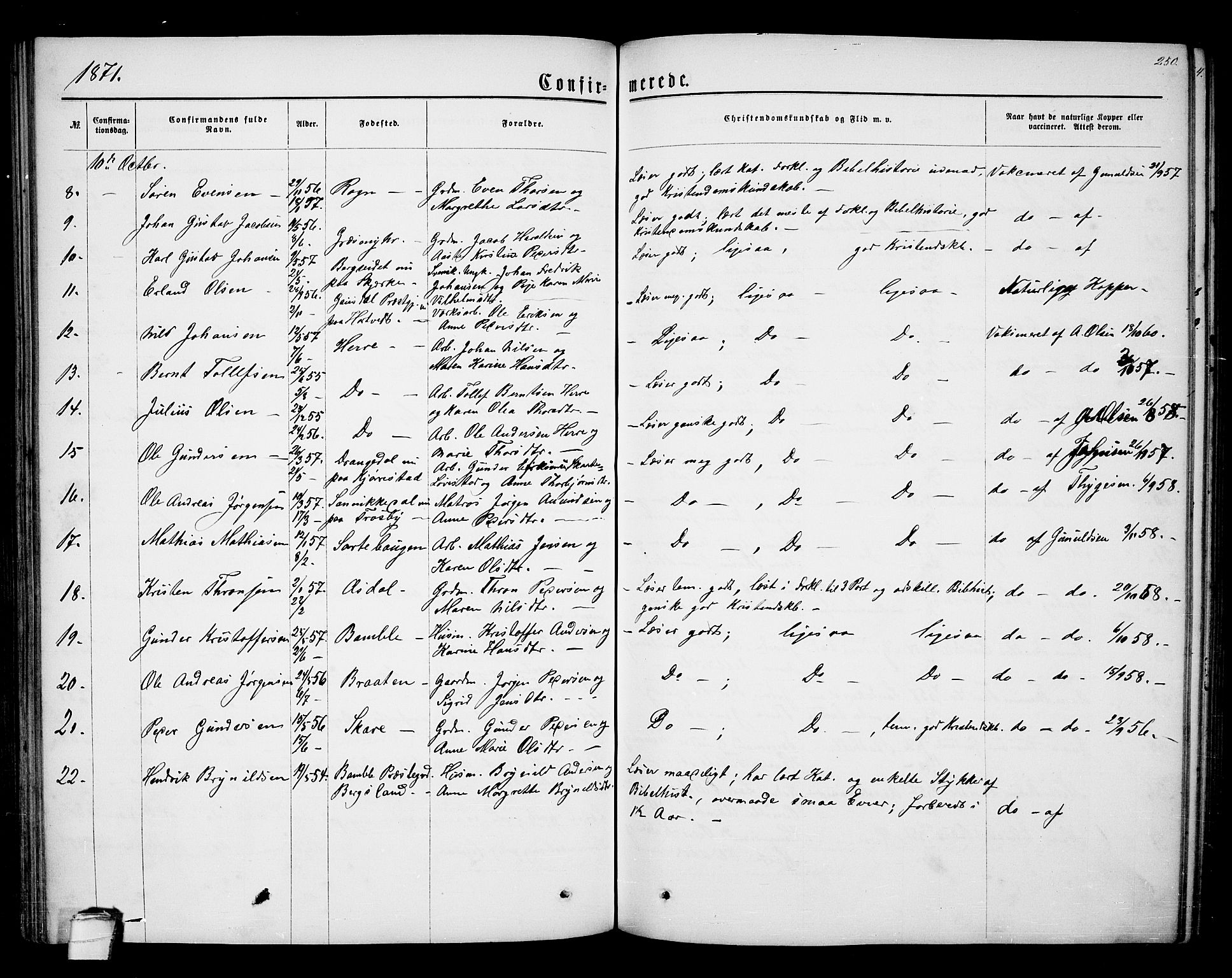 Bamble kirkebøker, AV/SAKO-A-253/G/Ga/L0006: Parish register (copy) no. I 6, 1860-1876, p. 250