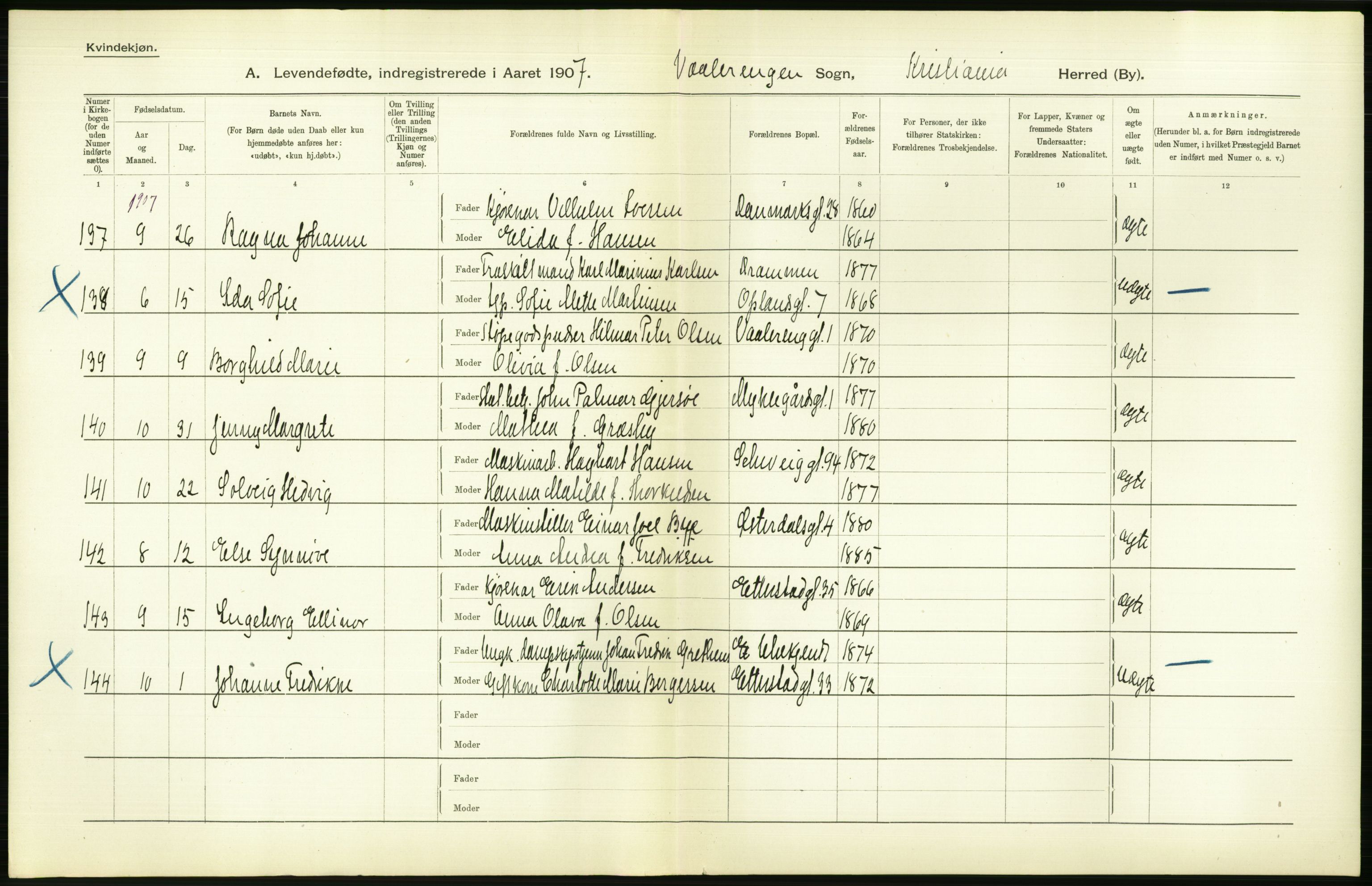 Statistisk sentralbyrå, Sosiodemografiske emner, Befolkning, AV/RA-S-2228/D/Df/Dfa/Dfae/L0007: Kristiania: Levendefødte menn og kvinner., 1907, p. 546