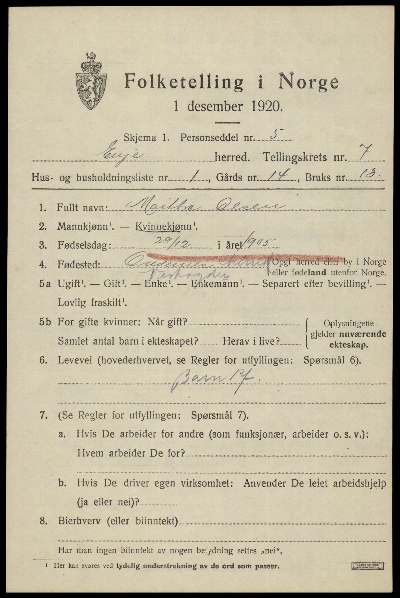 SAK, 1920 census for Evje, 1920, p. 2248