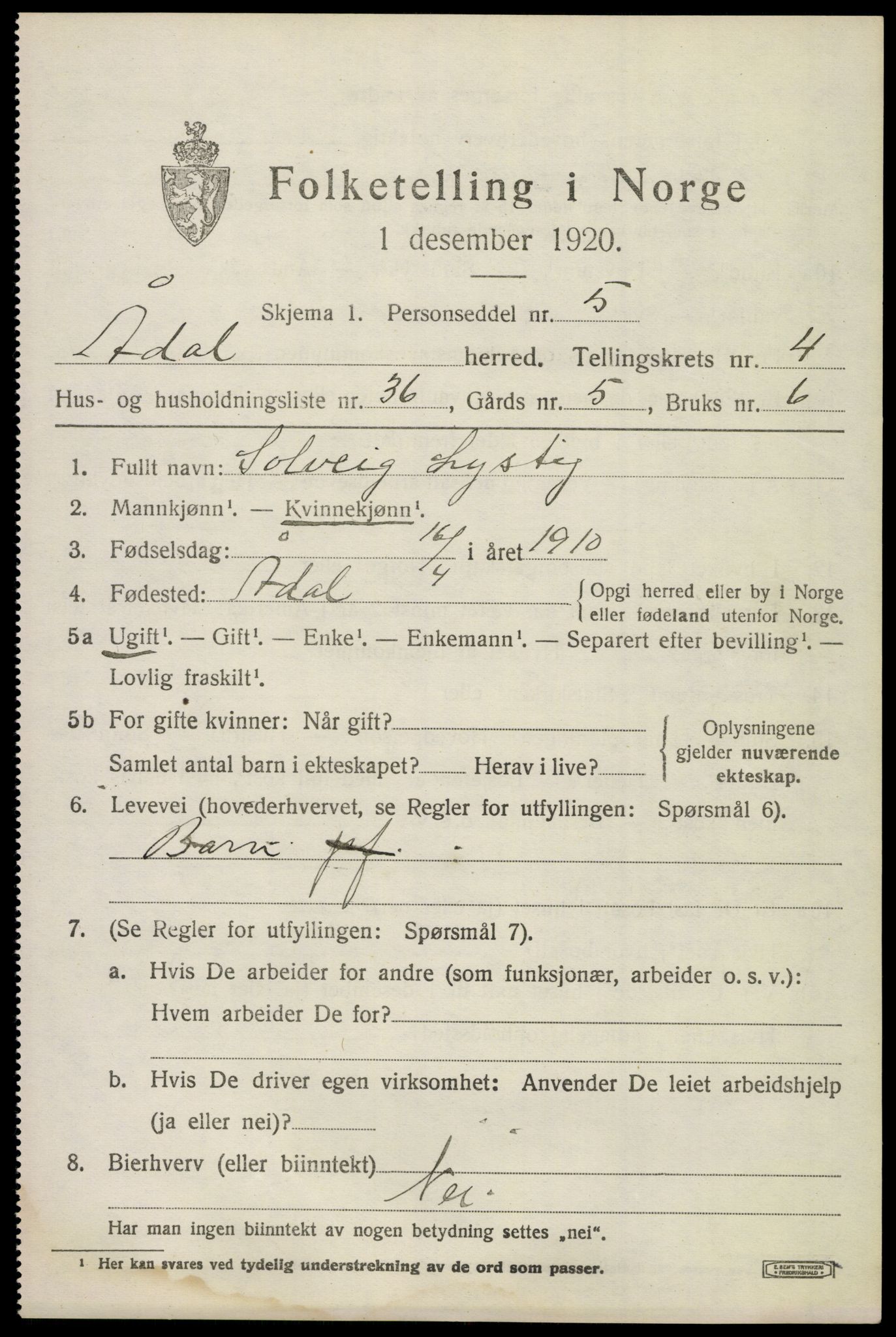 SAKO, 1920 census for Ådal, 1920, p. 4052