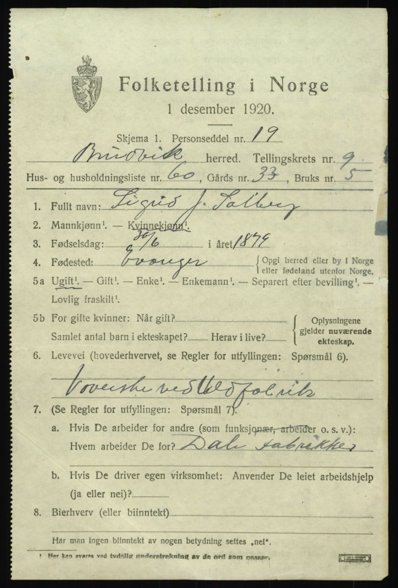 SAB, 1920 census for Bruvik, 1920, p. 6908