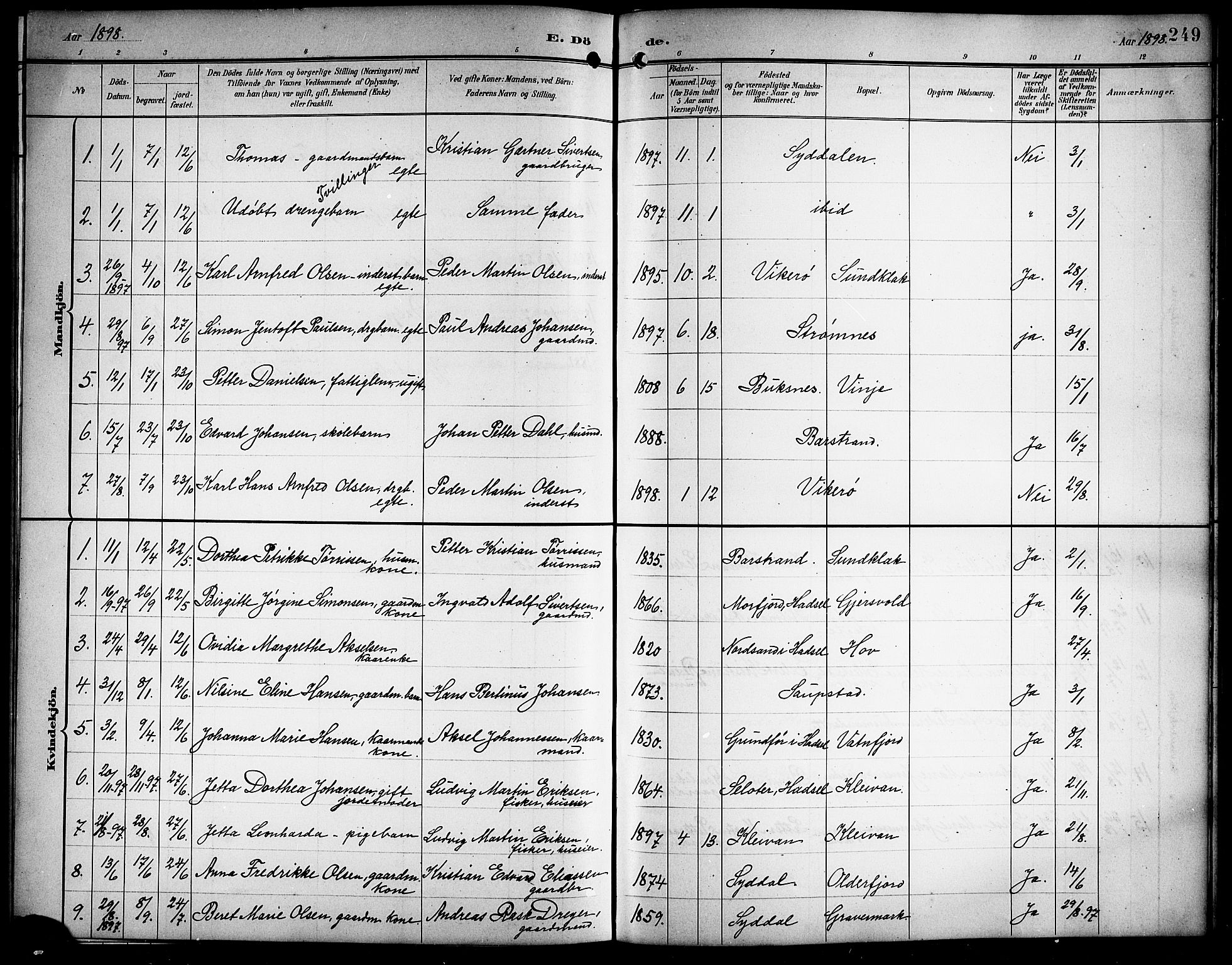 Ministerialprotokoller, klokkerbøker og fødselsregistre - Nordland, AV/SAT-A-1459/876/L1105: Parish register (copy) no. 876C04, 1896-1914, p. 249