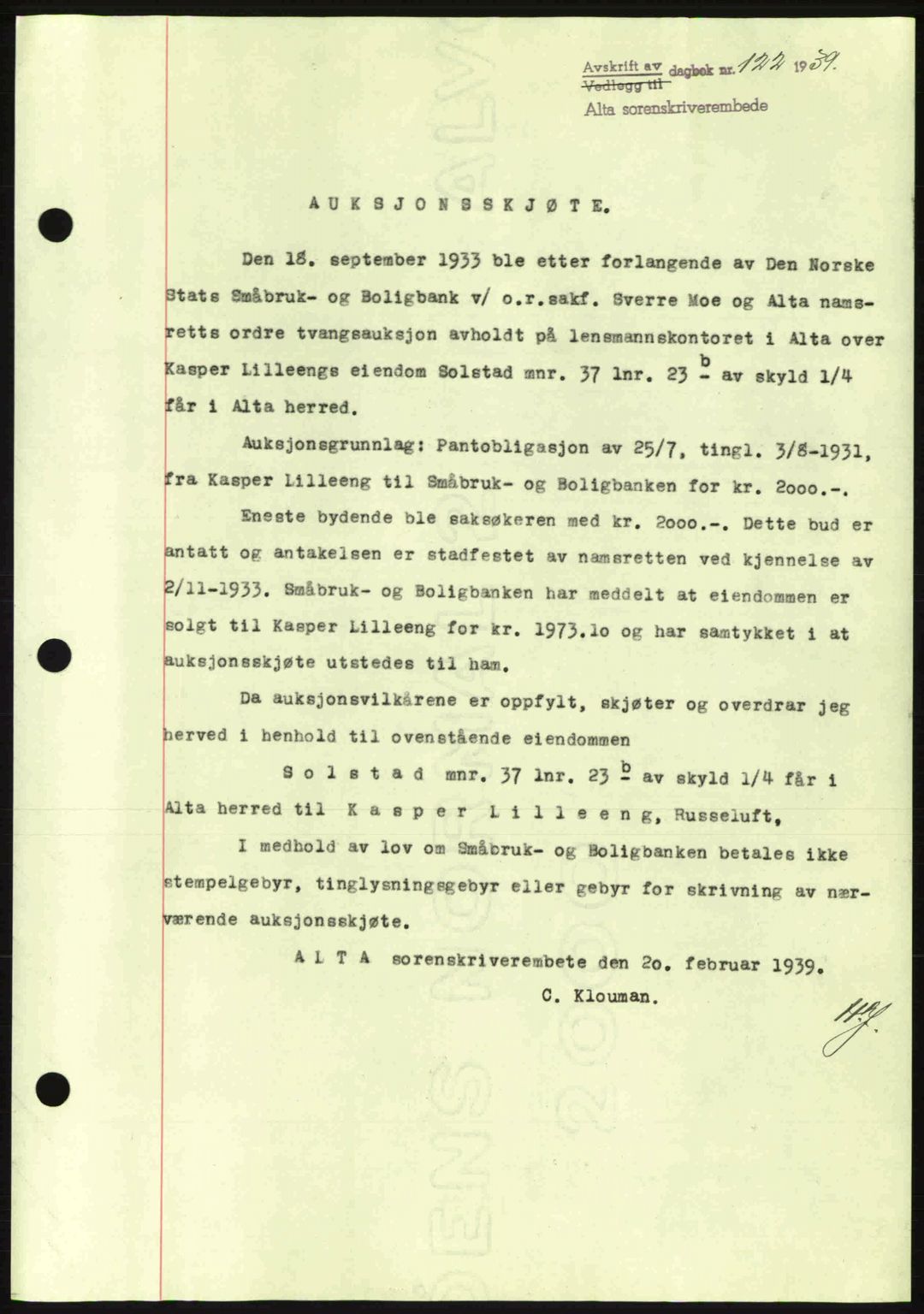 Alta fogderi/sorenskriveri, SATØ/SATØ-5/1/K/Kd/L0031pantebok: Mortgage book no. 31, 1938-1939, Diary no: : 122/1939