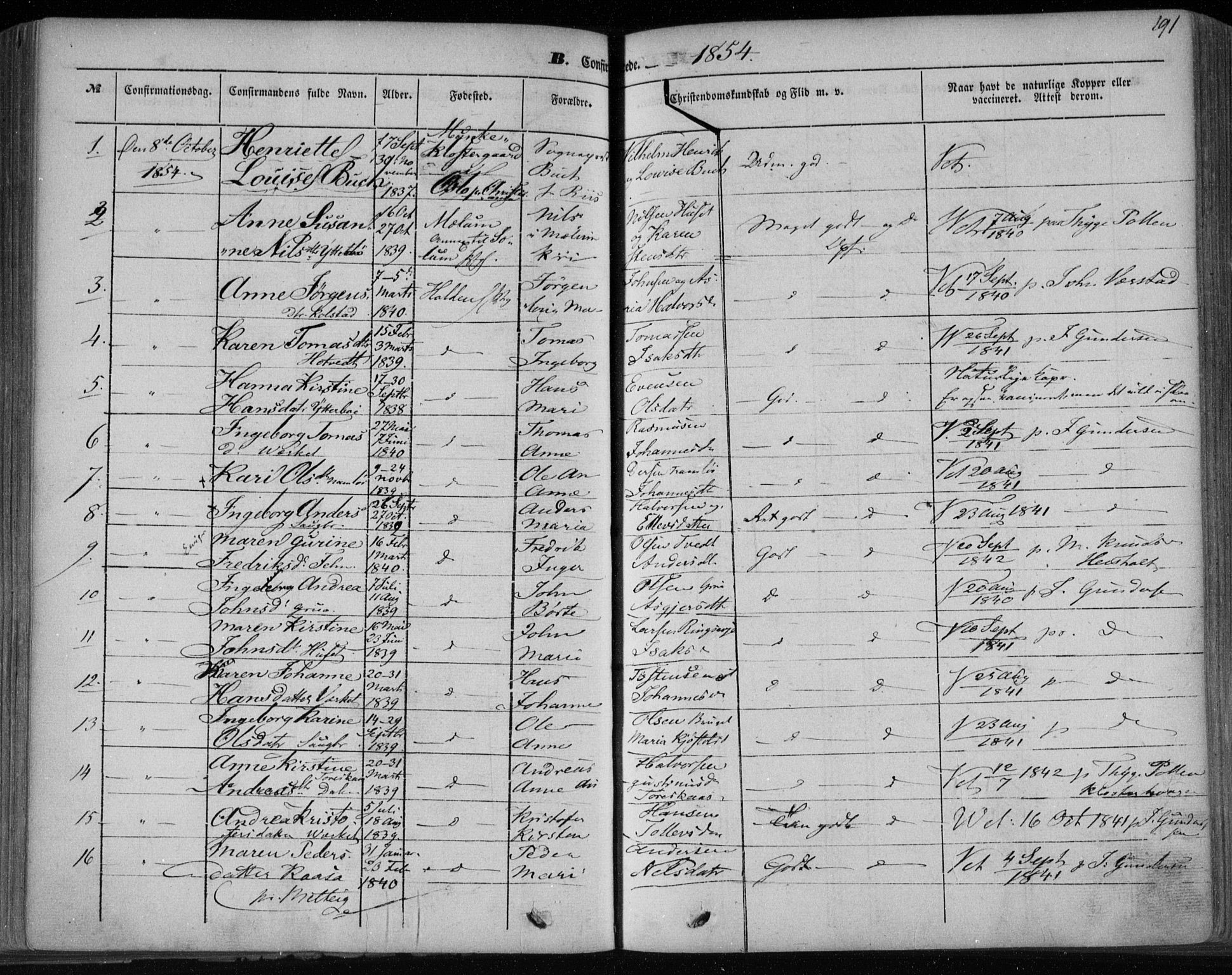 Holla kirkebøker, SAKO/A-272/F/Fa/L0005: Parish register (official) no. 5, 1849-1860, p. 191