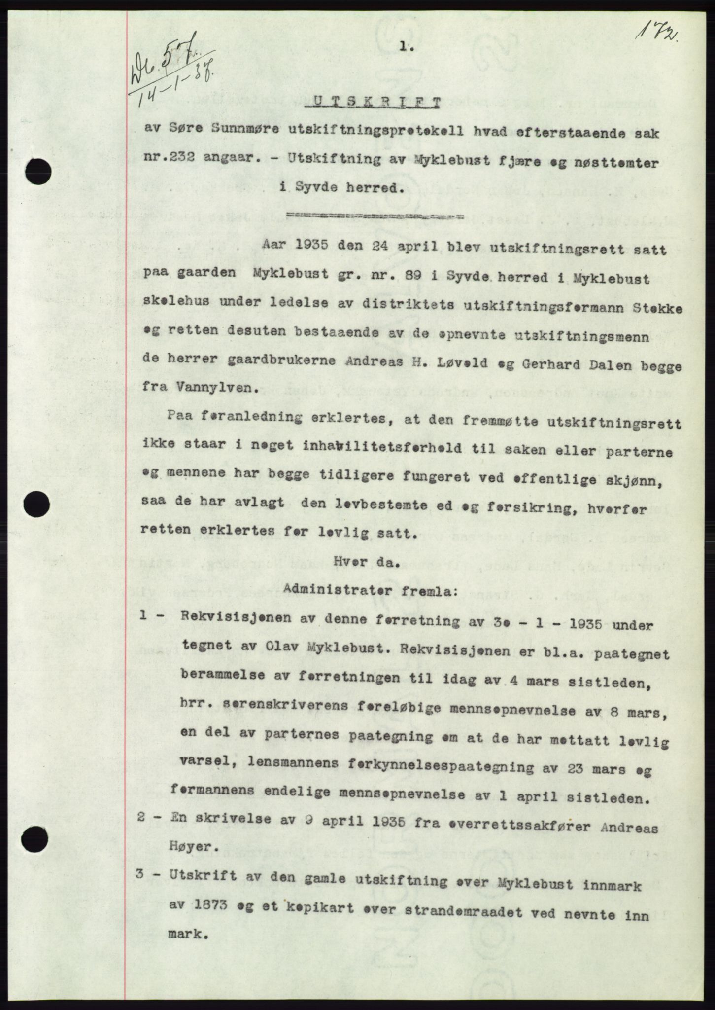 Søre Sunnmøre sorenskriveri, AV/SAT-A-4122/1/2/2C/L0062: Mortgage book no. 56, 1936-1937, Diary no: : 57/1937