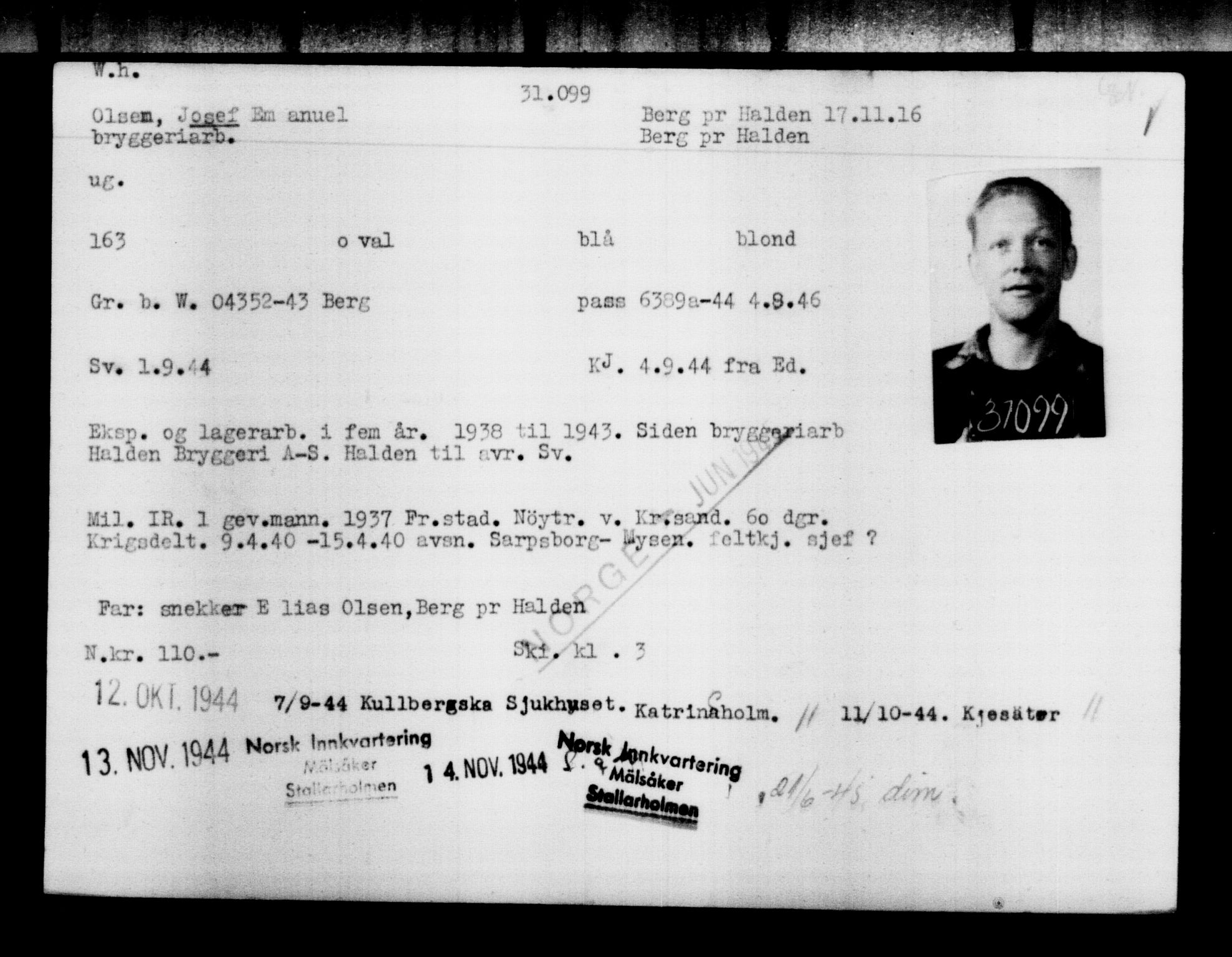 Utenriksstasjonene, Legasjonen i Stockholm, Flyktningkontoret, AV/RA-S-6753/V/Va/L0012: Kjesäterkartoteket, flyktninger med registreringsnr. 28300-31566, 1940-1945, p. 3033