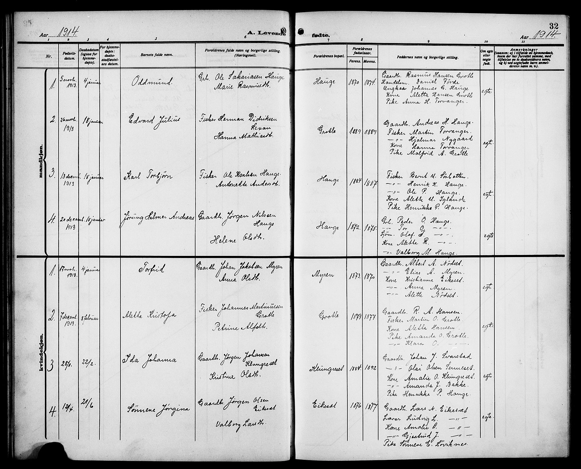 Bremanger sokneprestembete, SAB/A-82201/H/Hab/Habc/L0001: Parish register (copy) no. C 1, 1908-1919, p. 32