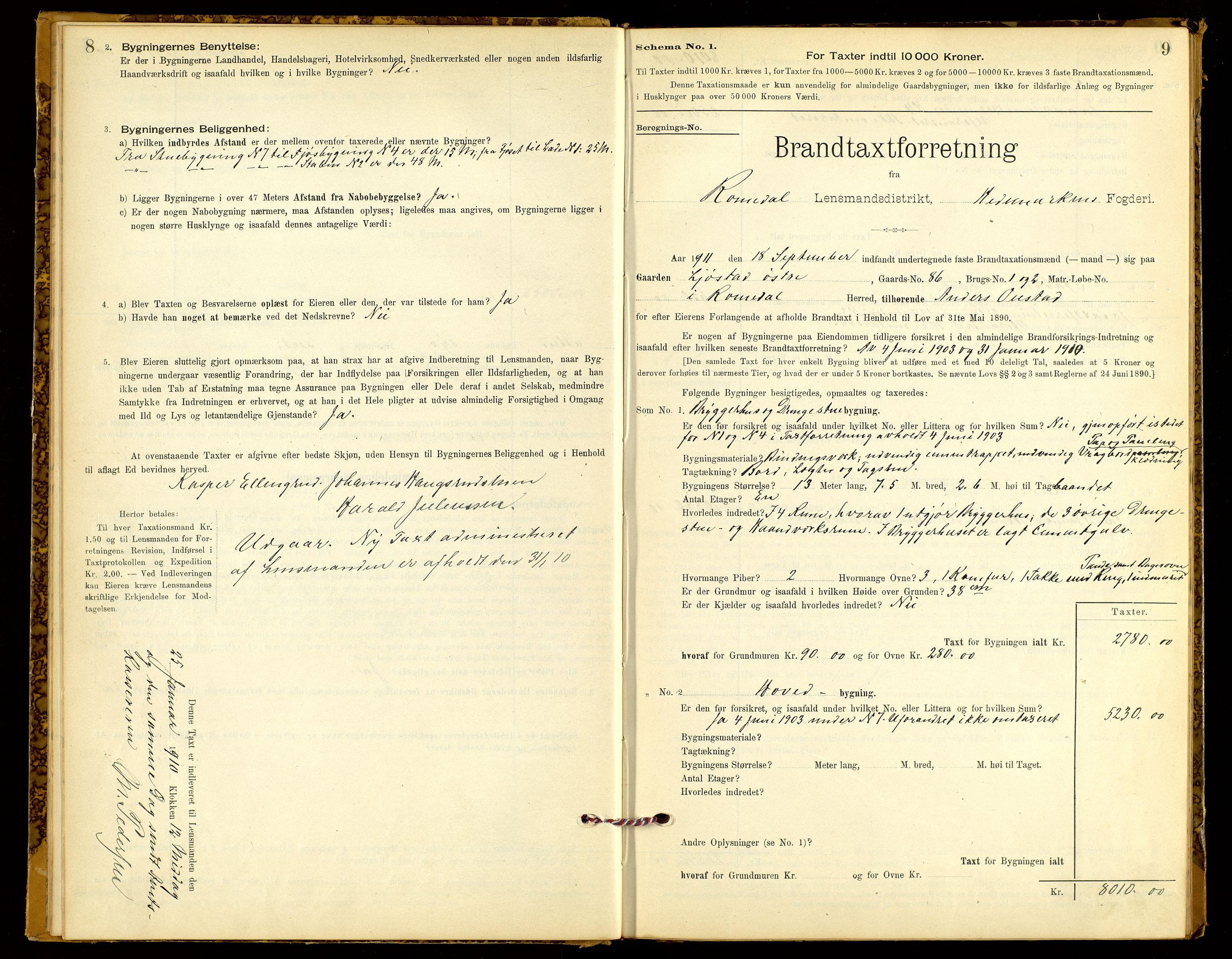 Norges Brannkasse, Romedal, AV/SAH-NBRANR-008/F/L0003: Branntakstprotokoll, 1900-1950, p. 8-9