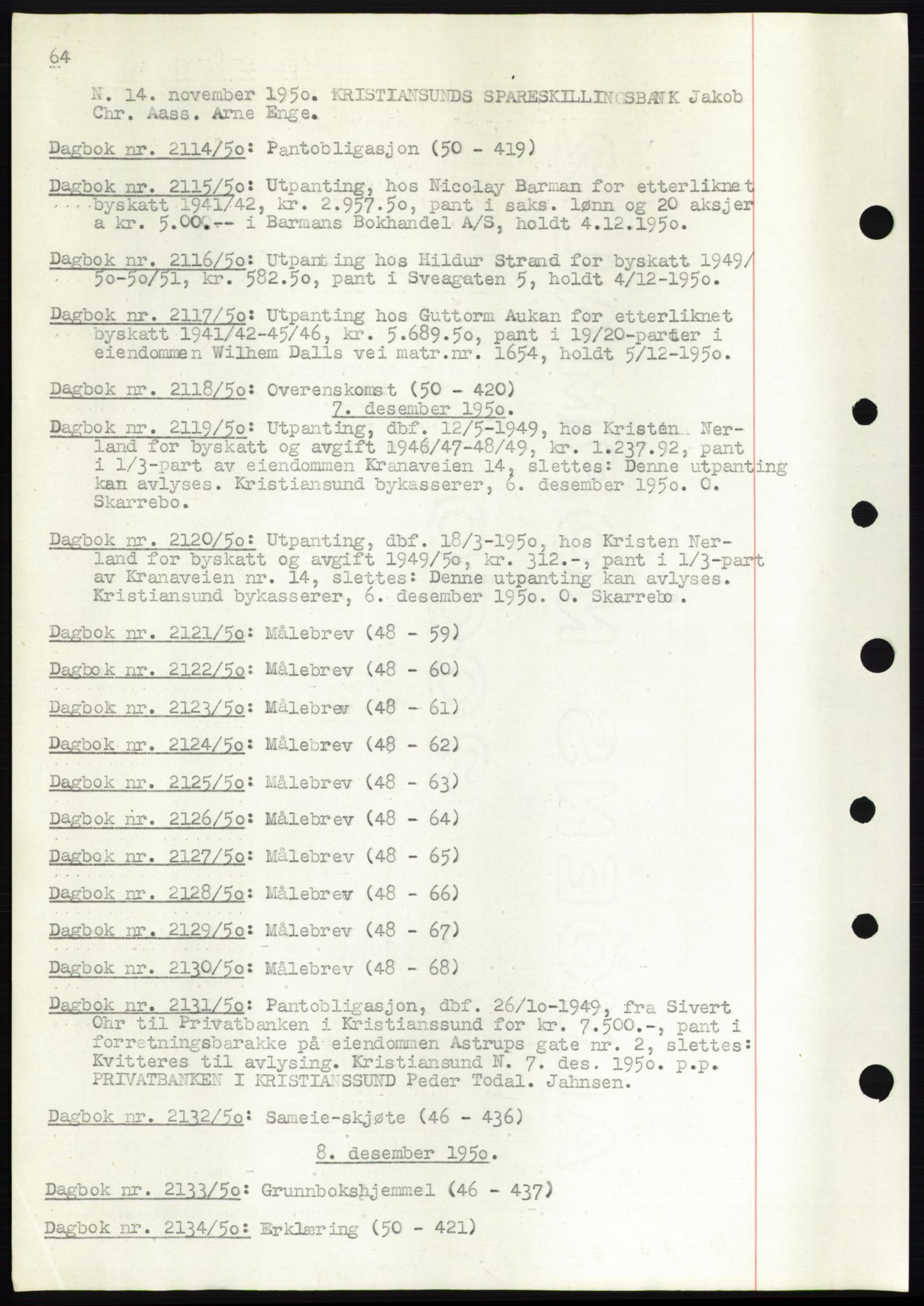 Kristiansund byfogd, AV/SAT-A-4587/A/27: Mortgage book no. 49, 1950-1950, Deed date: 07.12.1950