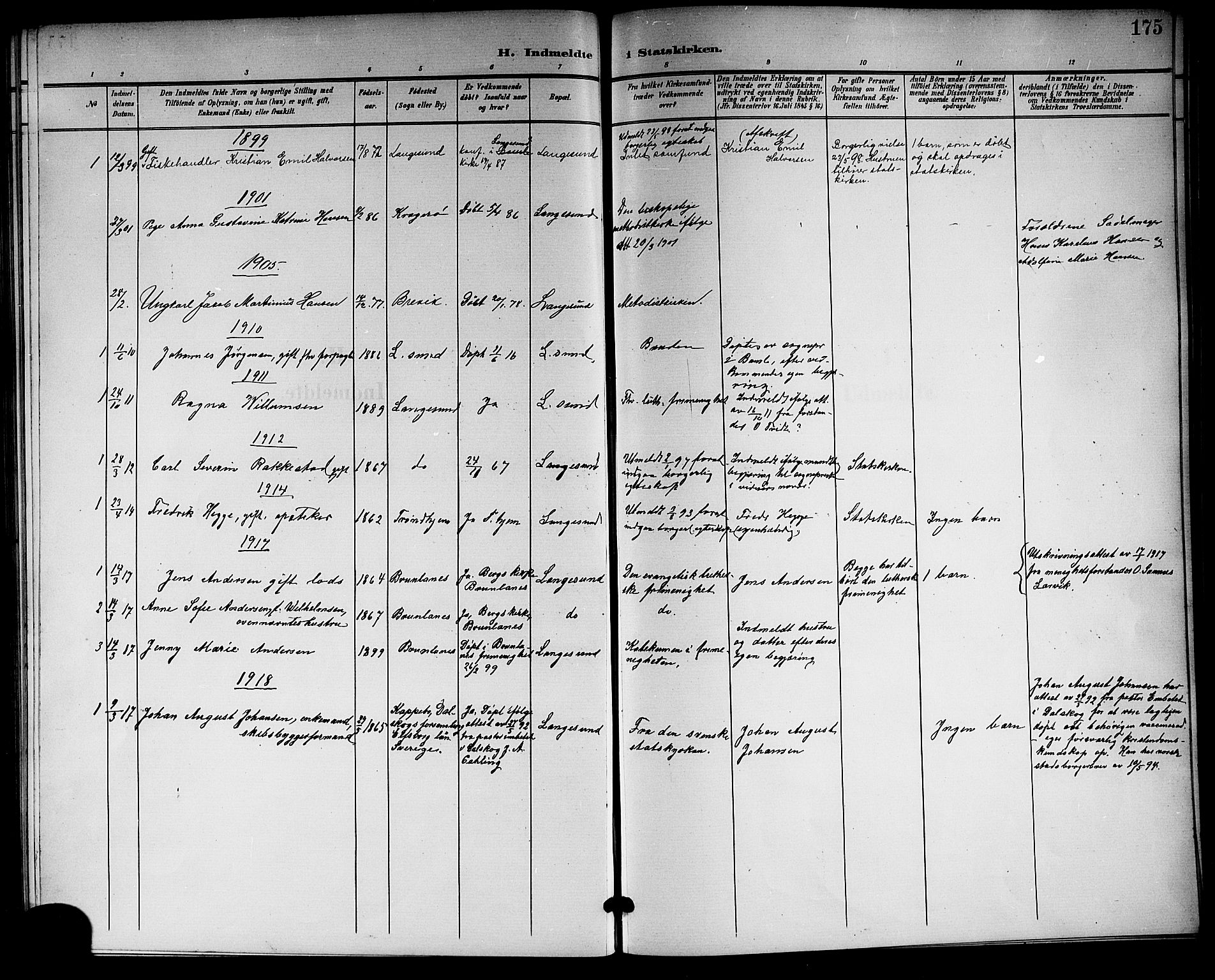 Langesund kirkebøker, SAKO/A-280/G/Ga/L0006: Parish register (copy) no. 6, 1899-1918, p. 175