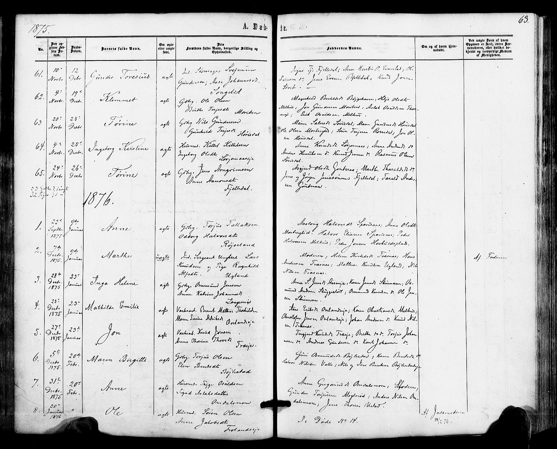 Froland sokneprestkontor, SAK/1111-0013/F/Fa/L0003: Parish register (official) no. A 3, 1864-1881, p. 63