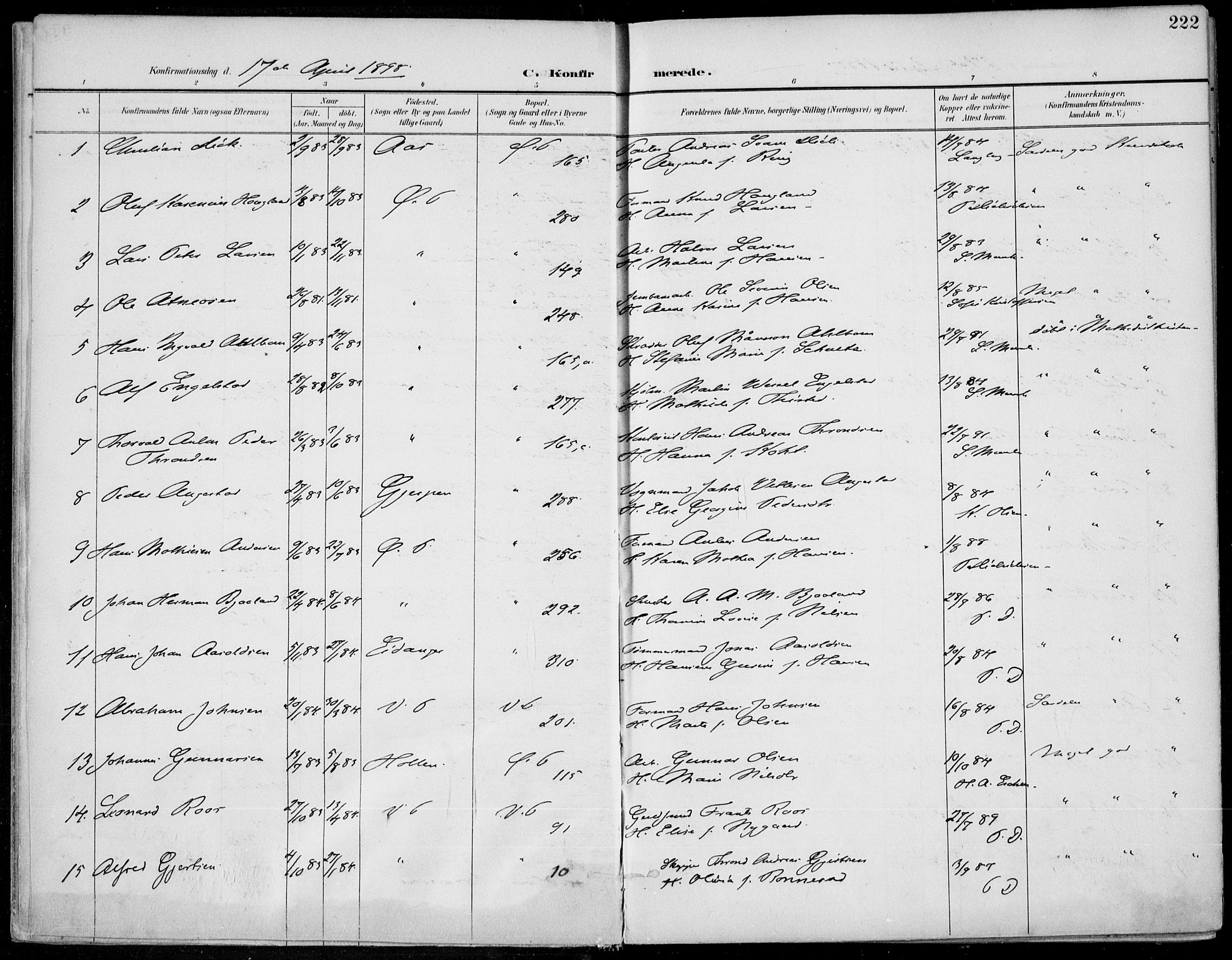 Porsgrunn kirkebøker , SAKO/A-104/F/Fa/L0011: Parish register (official) no. 11, 1895-1919, p. 222