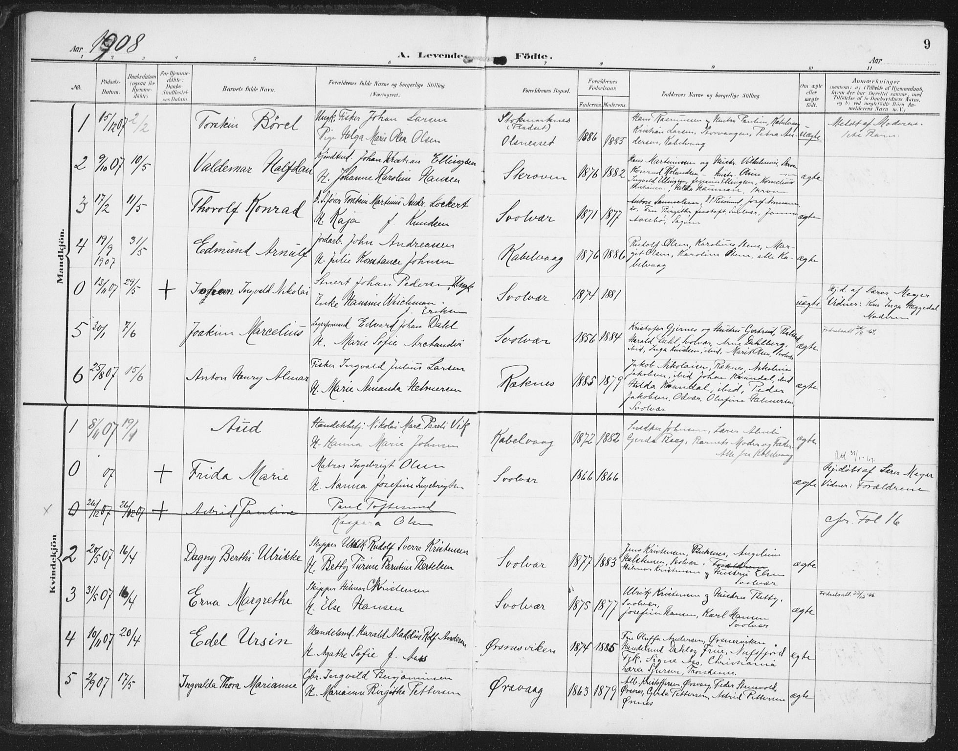 Ministerialprotokoller, klokkerbøker og fødselsregistre - Nordland, AV/SAT-A-1459/874/L1063: Parish register (official) no. 874A07, 1907-1915, p. 9