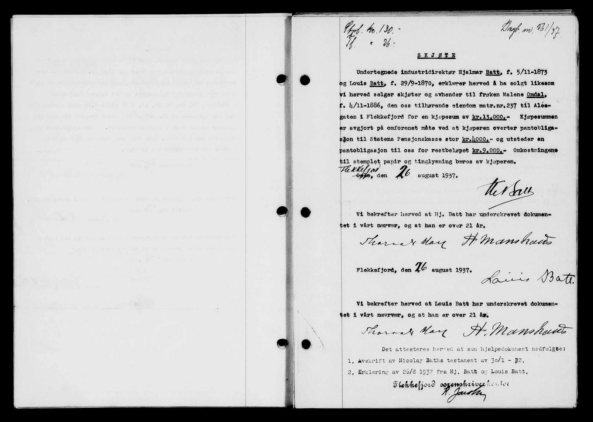 Flekkefjord sorenskriveri, AV/SAK-1221-0001/G/Gb/Gba/L0054: Mortgage book no. A-2, 1937-1938, Diary no: : 561/1937