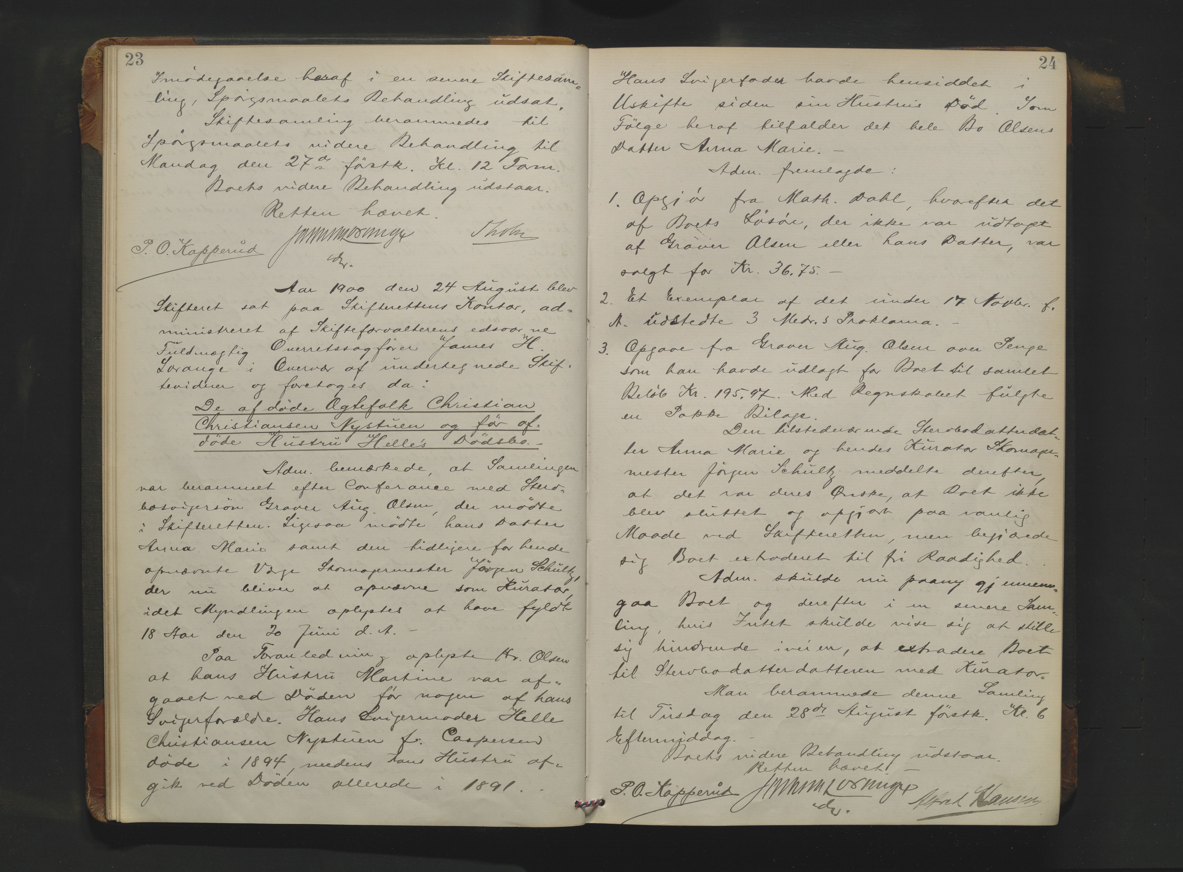 Drammen byfogd, AV/SAKO-A-222/H/Hb/Hbc/L0019: Skifteforhandlingsprotokoll. - Drammen., 1900-1902, p. 23-24