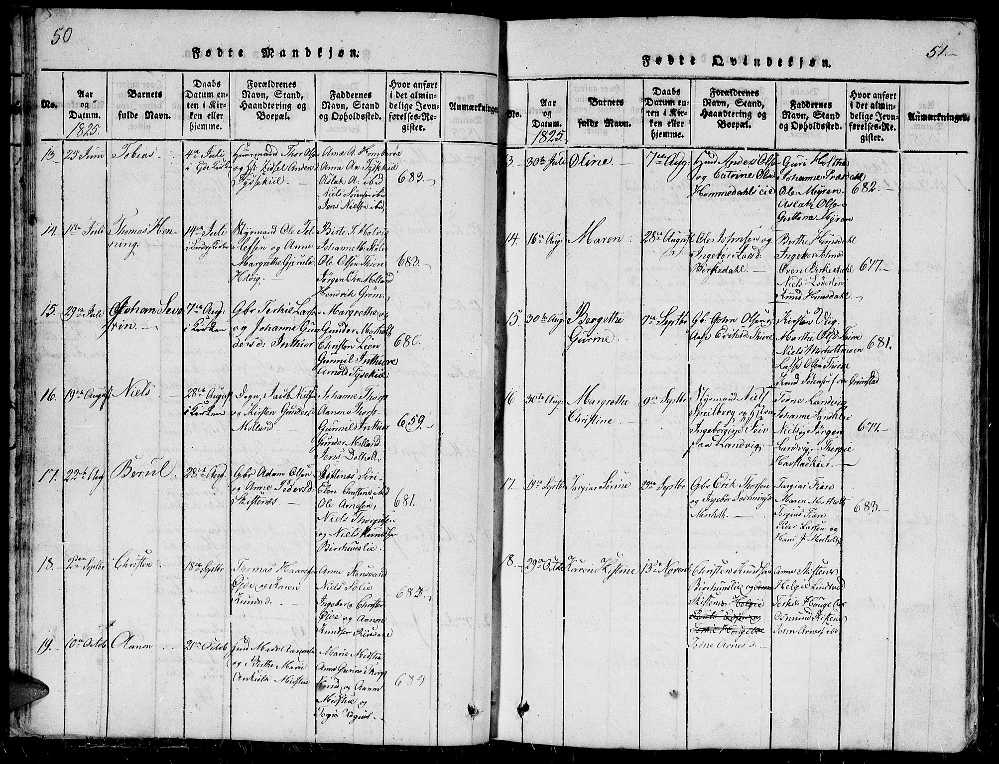 Hommedal sokneprestkontor, SAK/1111-0023/F/Fb/Fbb/L0003: Parish register (copy) no. B 3 /1, 1816-1850, p. 50-51