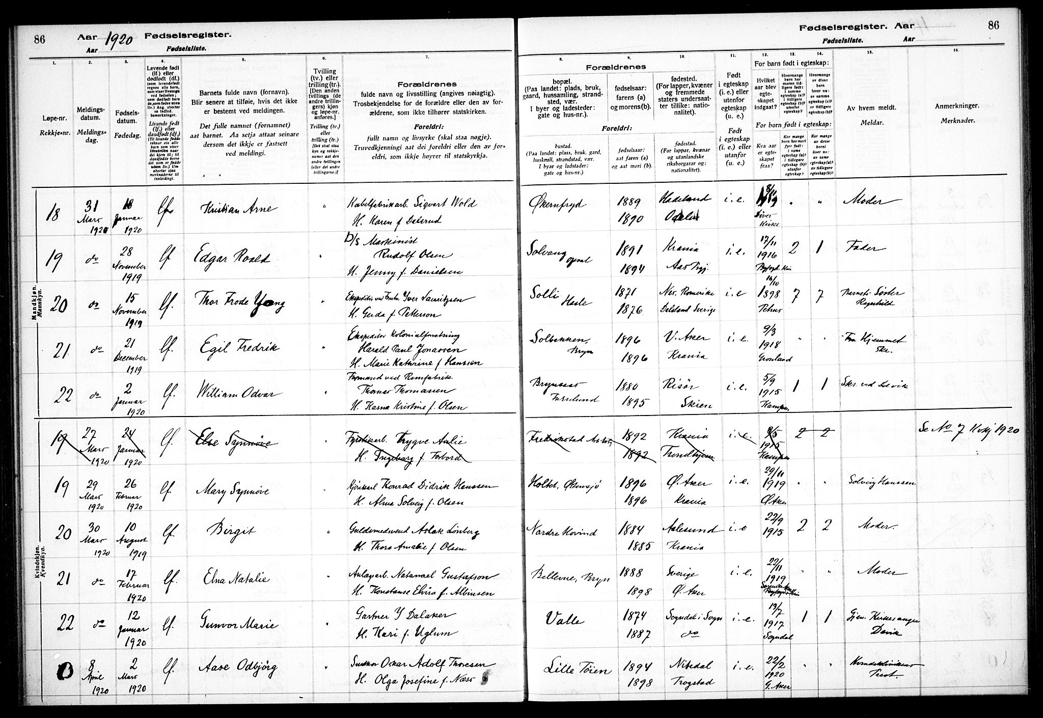 Østre Aker prestekontor Kirkebøker, AV/SAO-A-10840/J/Ja/L0001: Birth register no. I 1, 1916-1923, p. 86