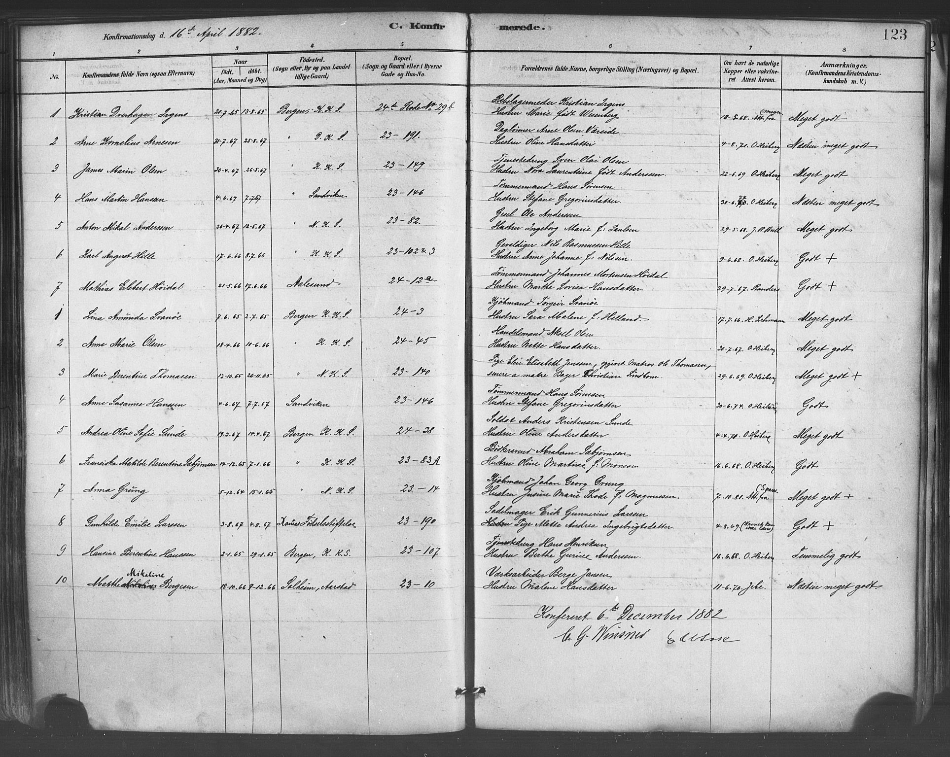 Mariakirken Sokneprestembete, AV/SAB-A-76901/H/Haa/L0007: Parish register (official) no. A 7, 1878-1893, p. 123