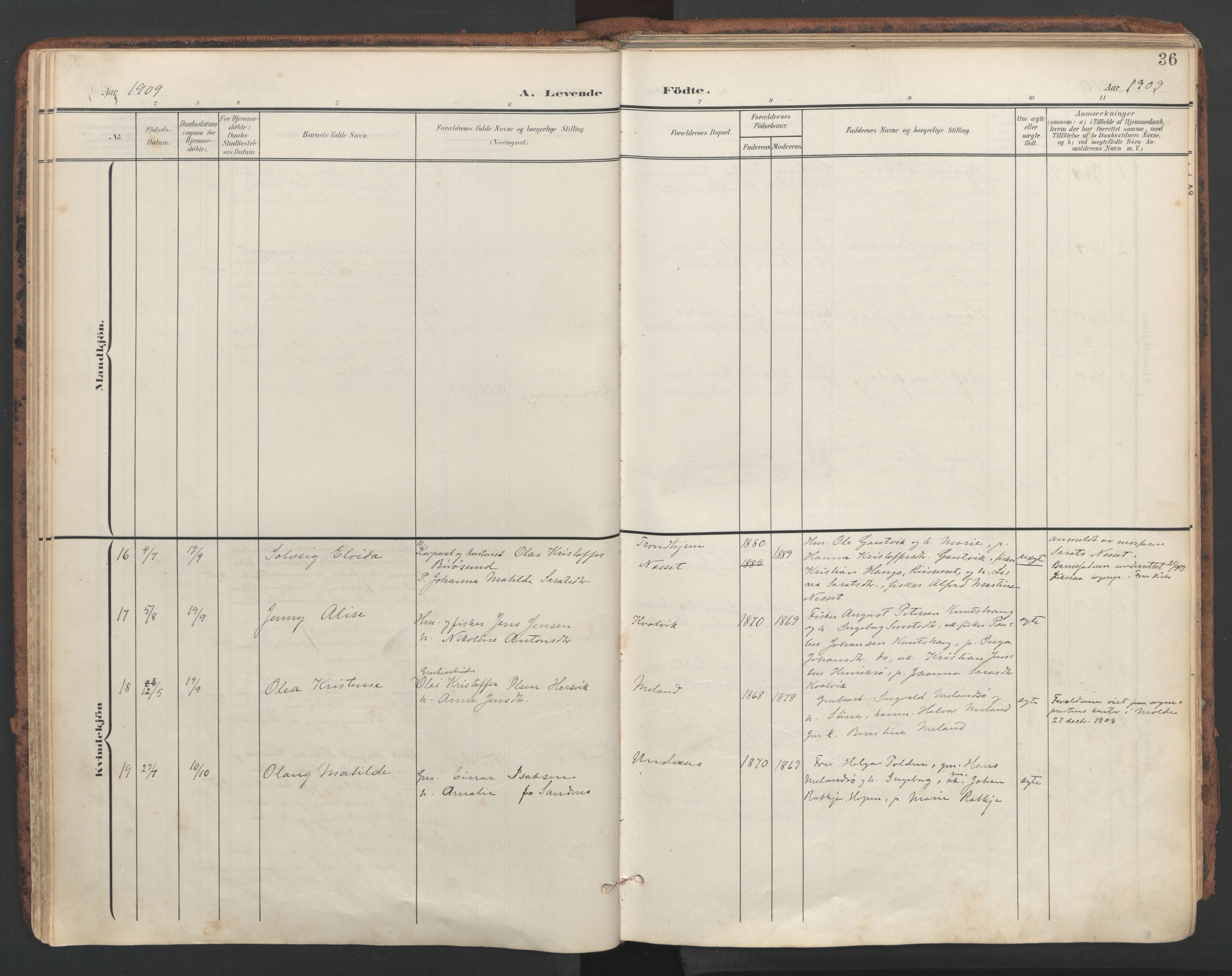 Ministerialprotokoller, klokkerbøker og fødselsregistre - Sør-Trøndelag, SAT/A-1456/634/L0537: Parish register (official) no. 634A13, 1896-1922, p. 36