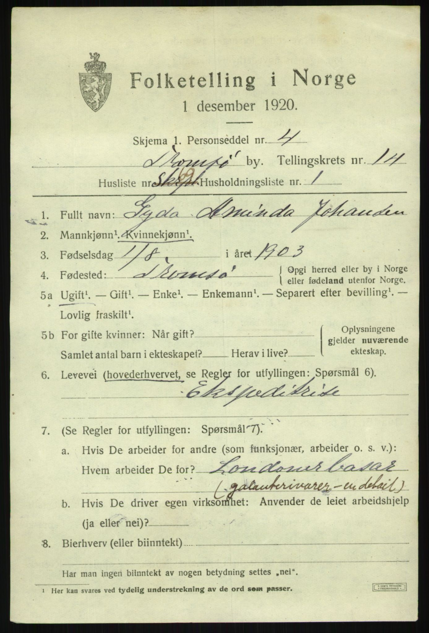 SATØ, 1920 census for Tromsø, 1920, p. 27926