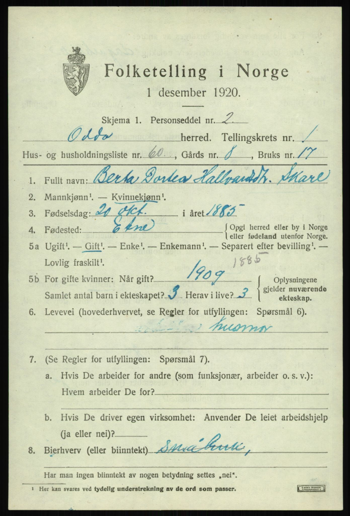 SAB, 1920 census for Odda, 1920, p. 1833