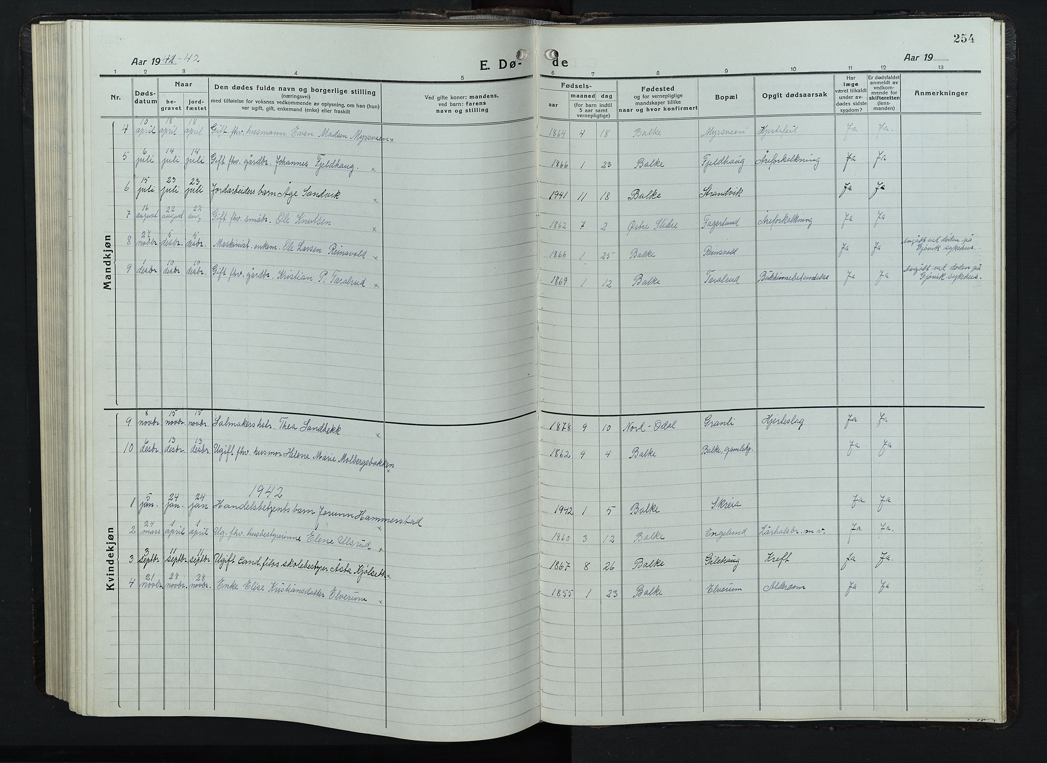 Balke prestekontor, SAH/PREST-106/H/Ha/Hab/L0001: Parish register (copy) no. 1, 1920-1955, p. 254