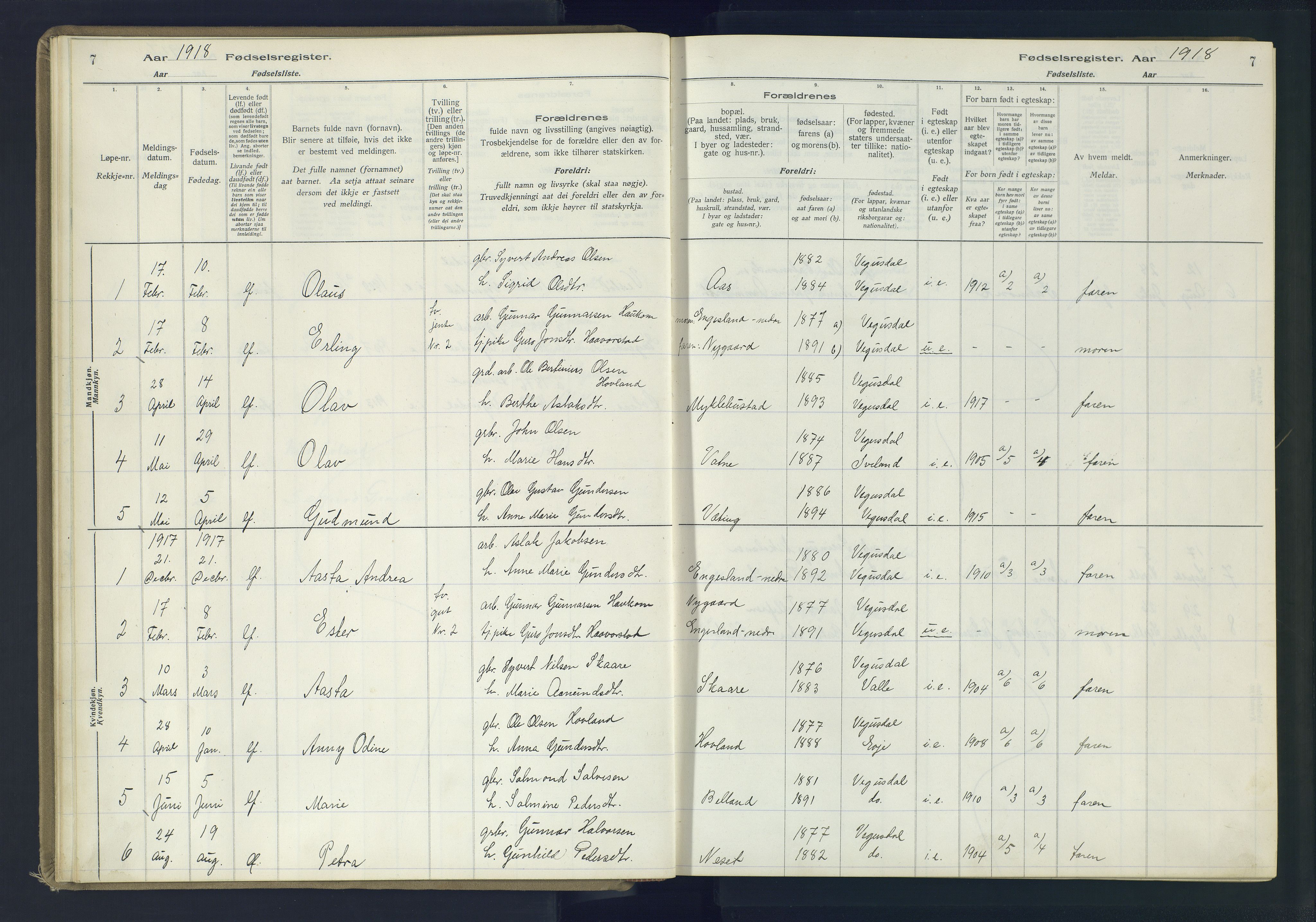 Herefoss sokneprestkontor, AV/SAK-1111-0019/J/Ja/L0002: Birth register no. II.6.11, 1916-1982, p. 7