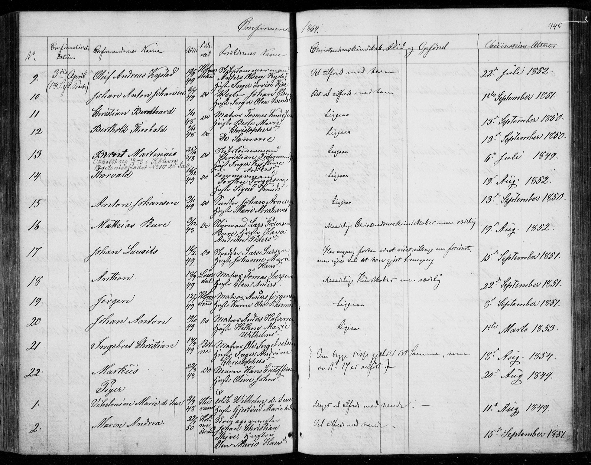 Holmestrand kirkebøker, AV/SAKO-A-346/F/Fa/L0002: Parish register (official) no. 2, 1840-1866, p. 445