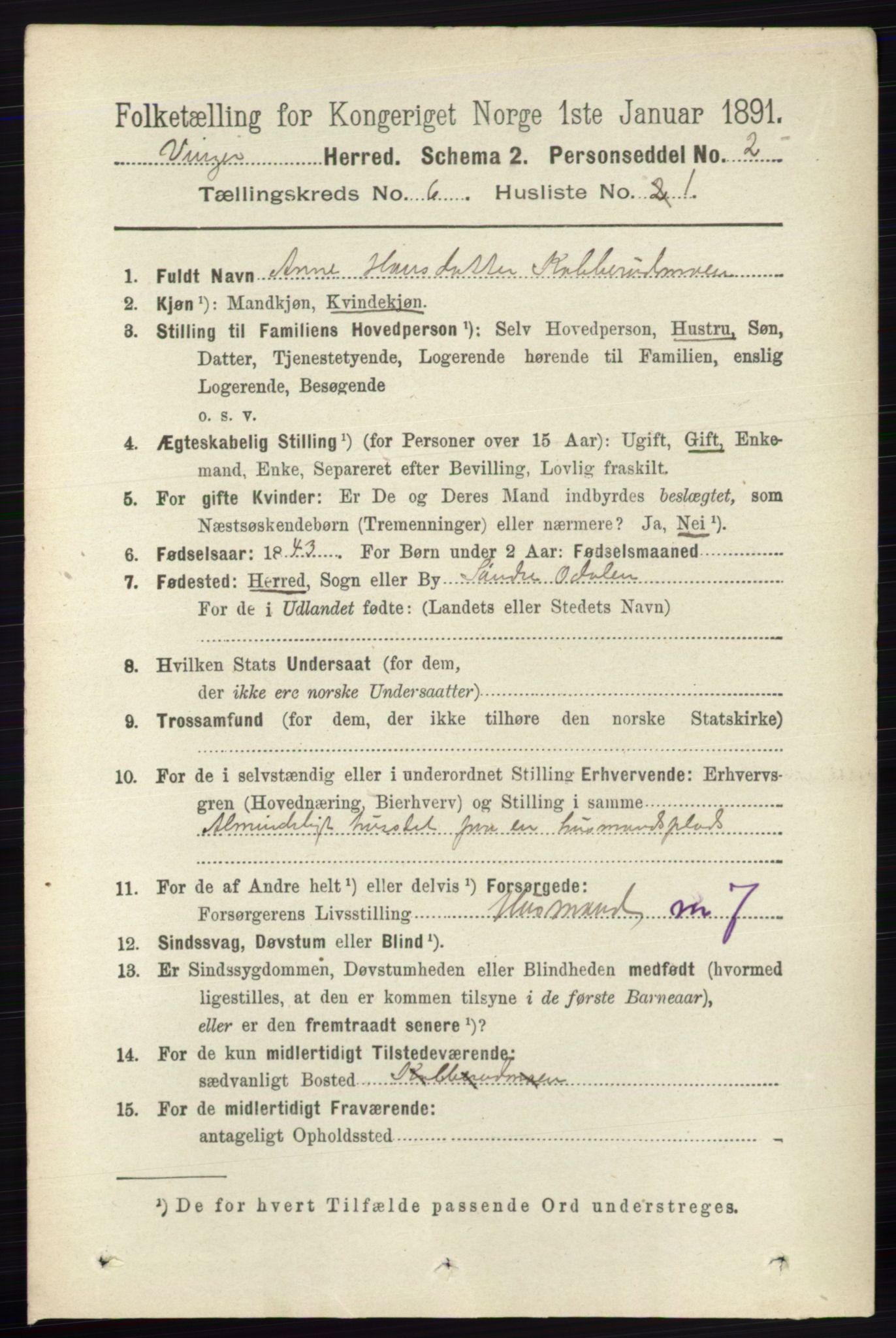 RA, 1891 census for 0421 Vinger, 1891, p. 2613