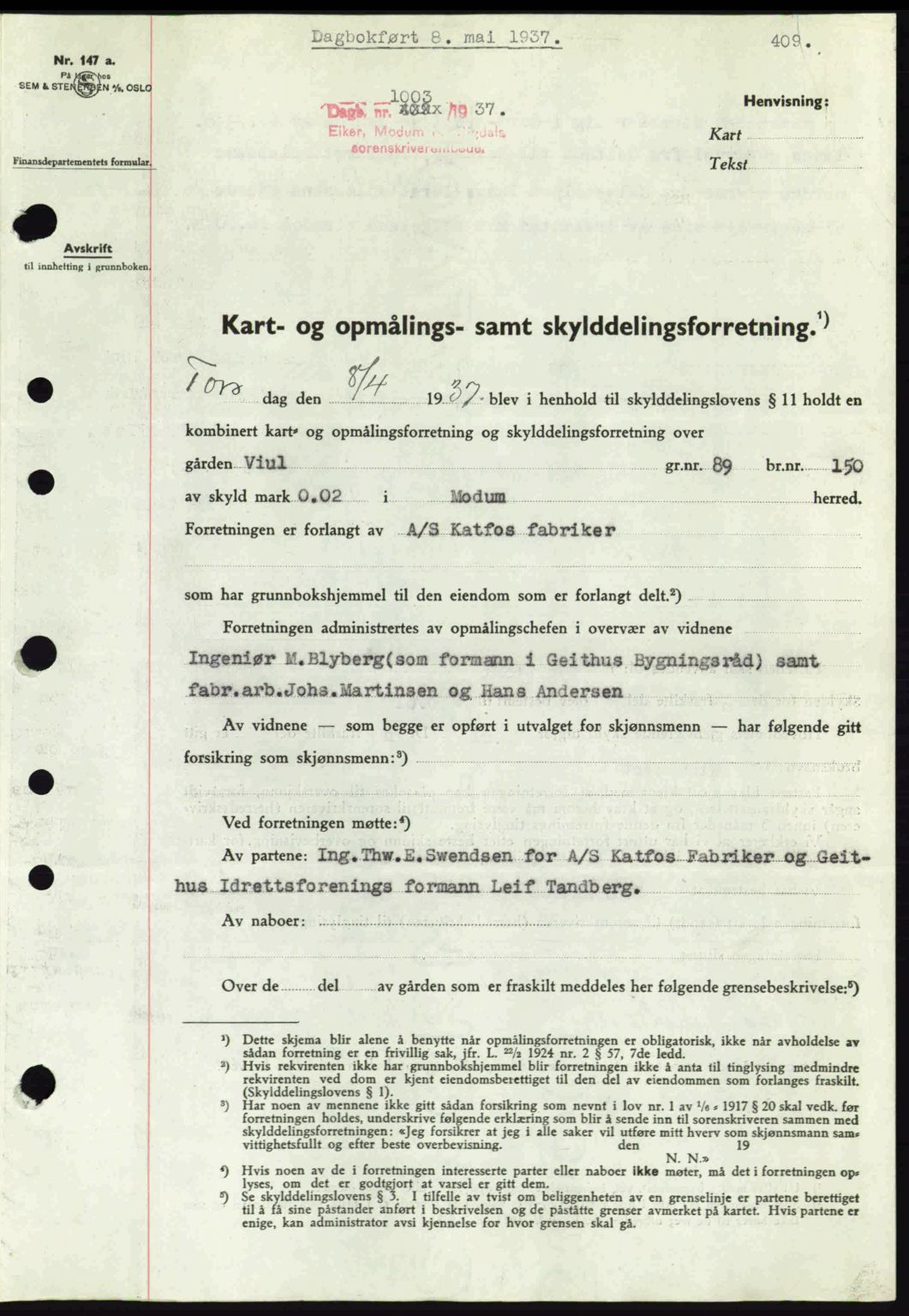 Eiker, Modum og Sigdal sorenskriveri, SAKO/A-123/G/Ga/Gab/L0035: Mortgage book no. A5, 1937-1937, Diary no: : 1003/1937